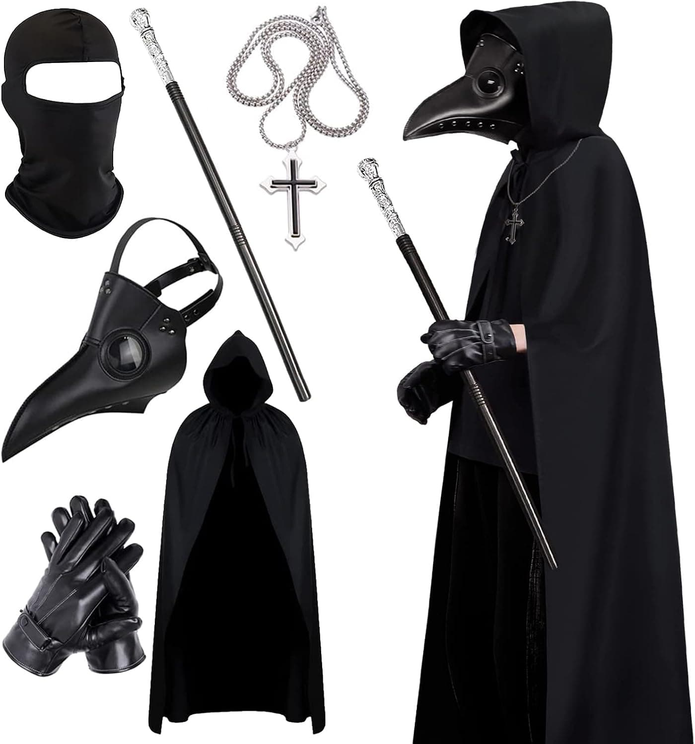 HaoVrisn Disfraz de Pestdoktor para niños, disfraz de Halloween para niños, con bata con capucha, máscara, guantes, cadena y bastón, disfraz de Halloween para niños de 8 a 14 años