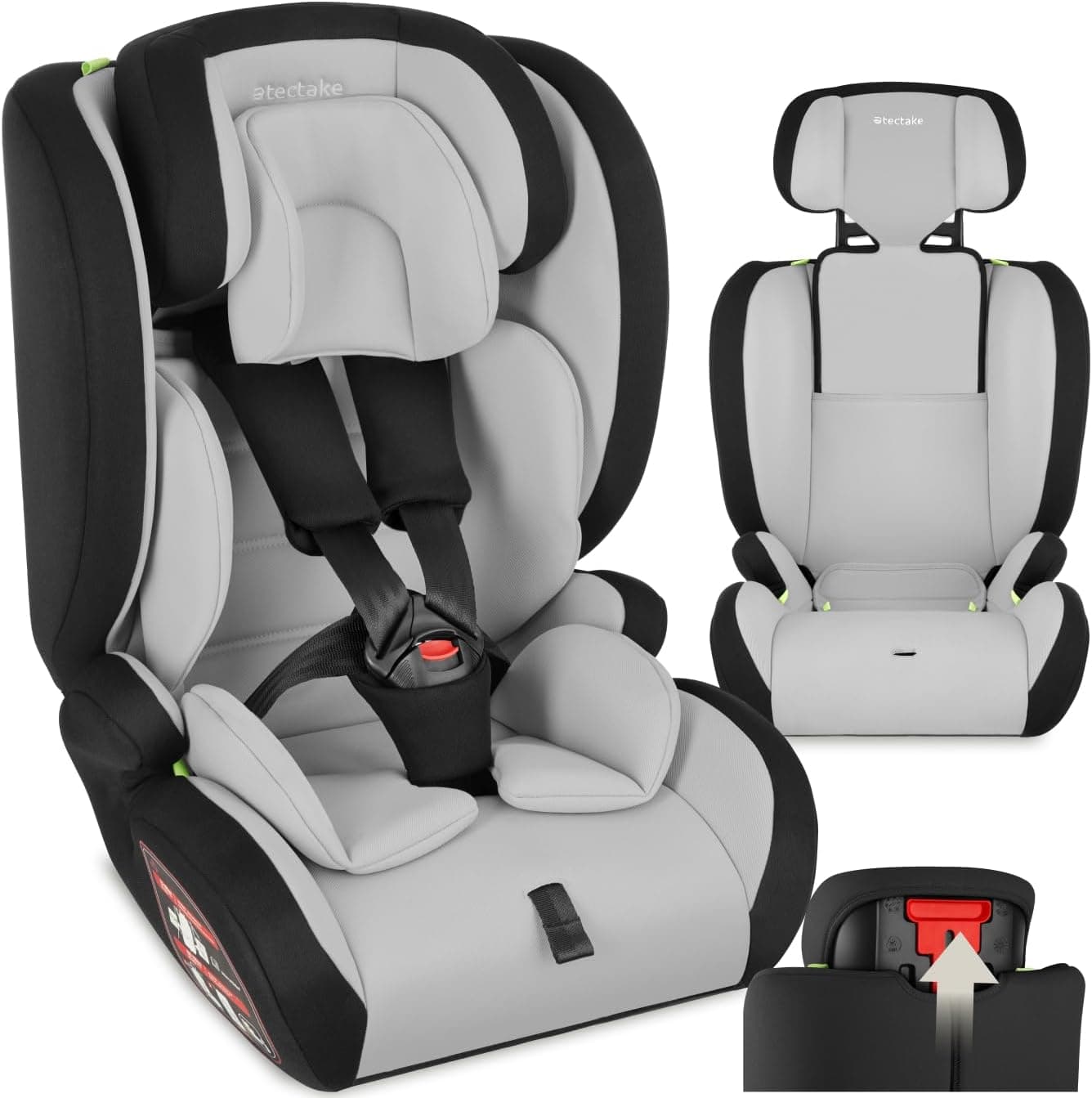 tectake® tectake® Silla de Coche Infantil con Aprobación i-Size con Protección Lateral, Top Tether, Arnés de 5 Puntos, Reposacabezas Ajustable, de 76 cm a 150 cm, Carga hasta 36 Kg - gris claro/negro