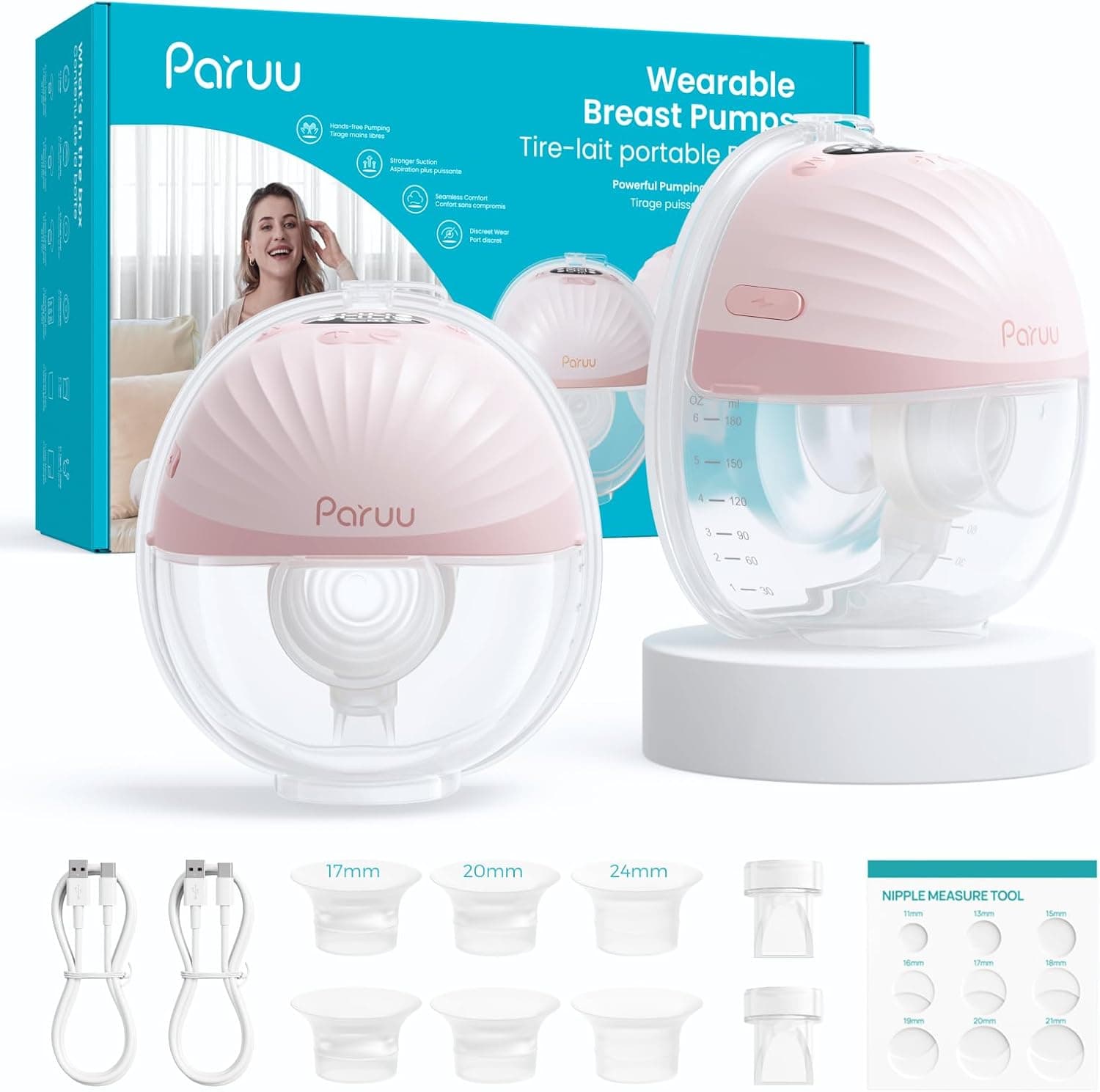 Paruu P10 Pro Sacaleches Electricos Manos Libres, con brida de 27 mm más ancha, succión de 45 kPa, 4 modos, 9 niveles, 180 ml (2, Rosa)