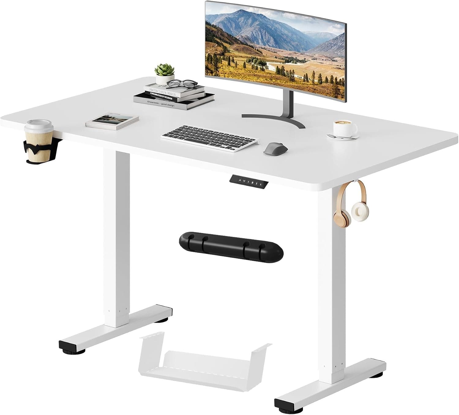 SANODESK Escritorio Elevable Eléctrico 110cm con Tablero Entero,Regulable en Altura con Memoria, Estable y Silencioso,Soporte hasta 100 kg, con Gancho y Portabotella,Oficina y Hogar(Blanco)