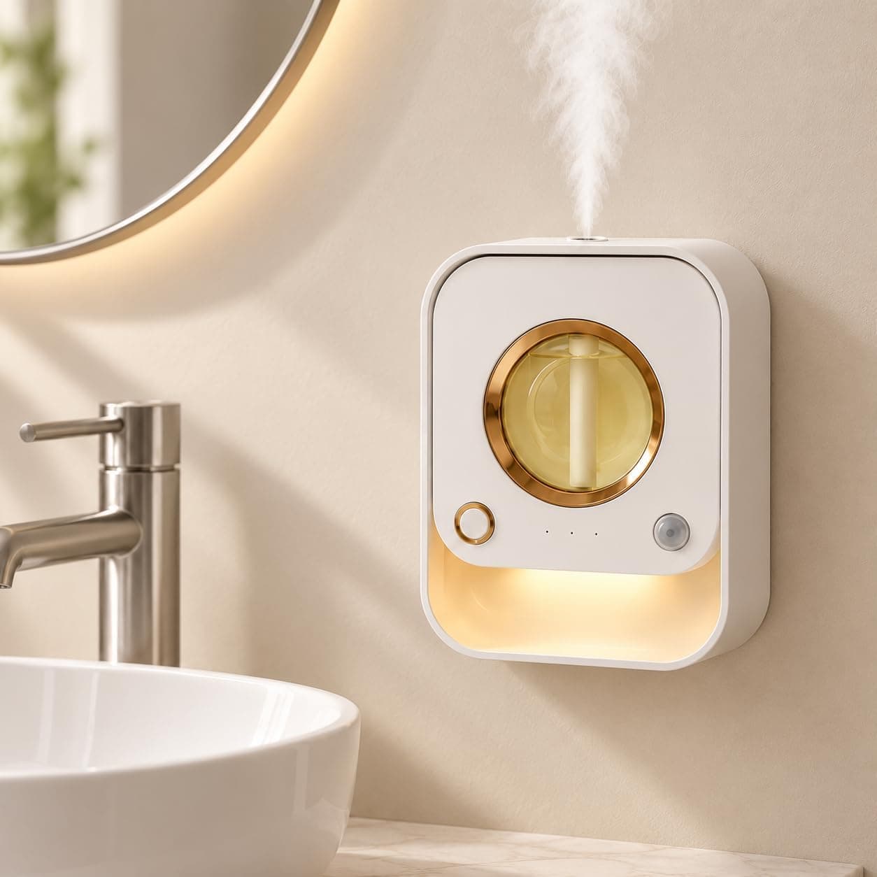 Difusor Aceites Esenciales de Mesa y Pared con Sensor de Movimiento, Luz Nocturna y Temporizador, Atomizador Ultrasónico Difusor de Aromas Sin Depósito de Agua, 50ml para Baño, Dormitorio (Naranja)
