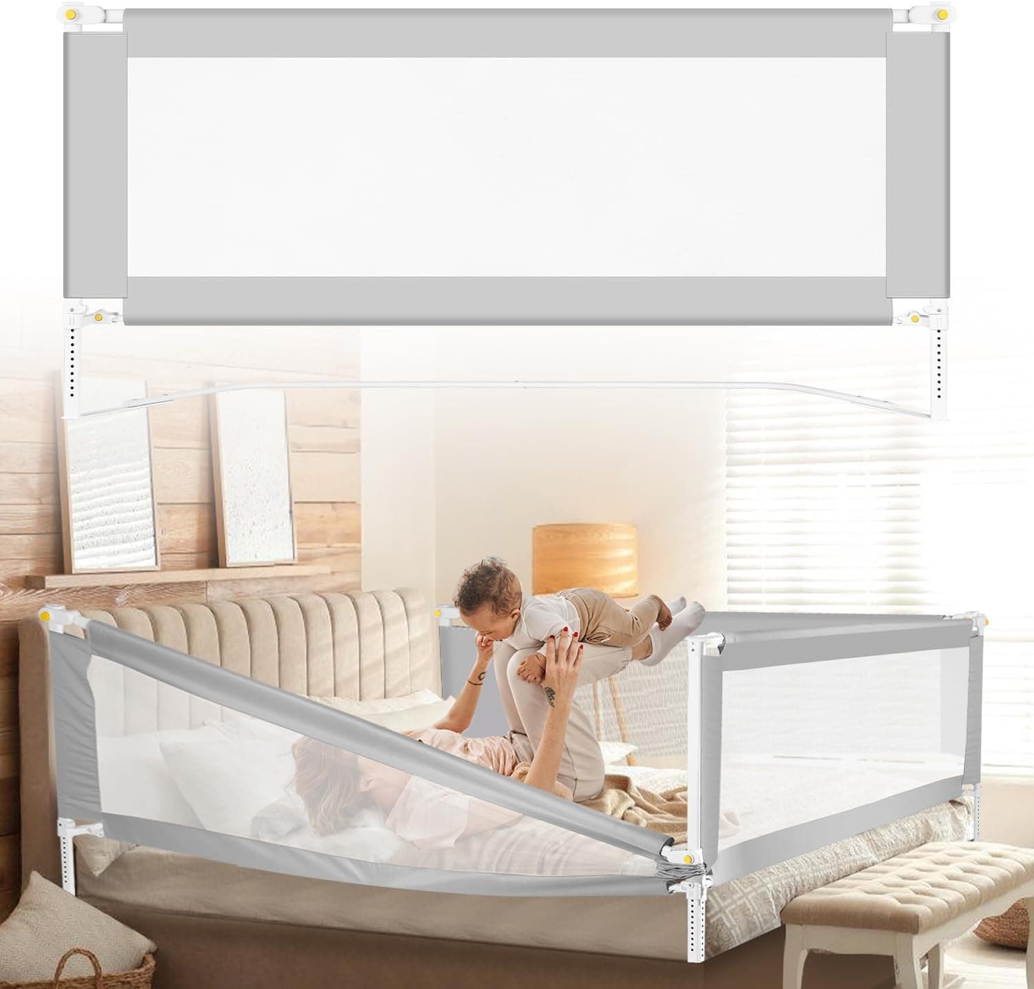 150CM Barrera Seguridad Niños Cama, Altura Regulable 68-95cm, Barrera Cama niños con protección contra caídas, Barandilla Cama niño Plegable, Fácil de Montar, Gris