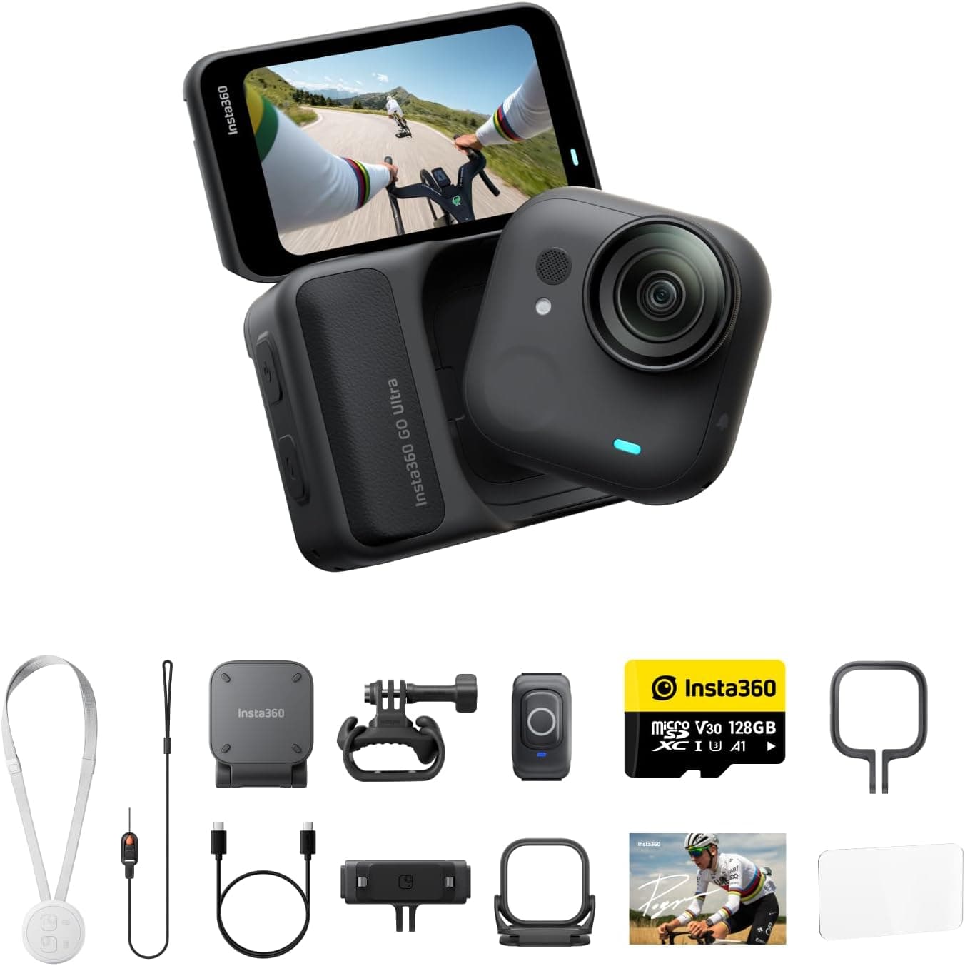 Insta360 GO Ultra Pack de Ciclismo Profesional - Pequeña cámara 4K Manos Libres, Ligera y Portable, Excelencia con Poca luz, Montaje polivalente, FlowState, 200 min de batería, Impermeable 10 Metros