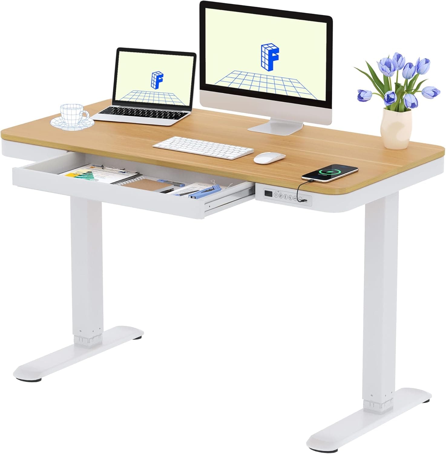 FLEXISPOT Escritorio Elevable 120x60 cm, Cajón, USB-C, Bloqueo Infantil