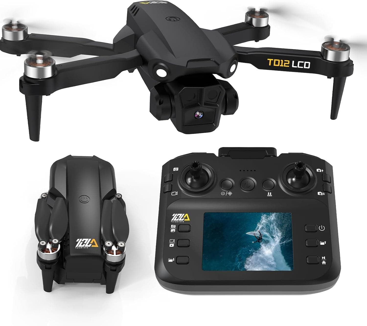 Toladrone TD12LCD Dron Plegable con Cámara 1080P, Cuadricóptero RC con Transmisión de imagen en pantalla LCD, Modo sin cabeza, Ajuste eléctrico 90°, Dron para Adultos y Principiantes