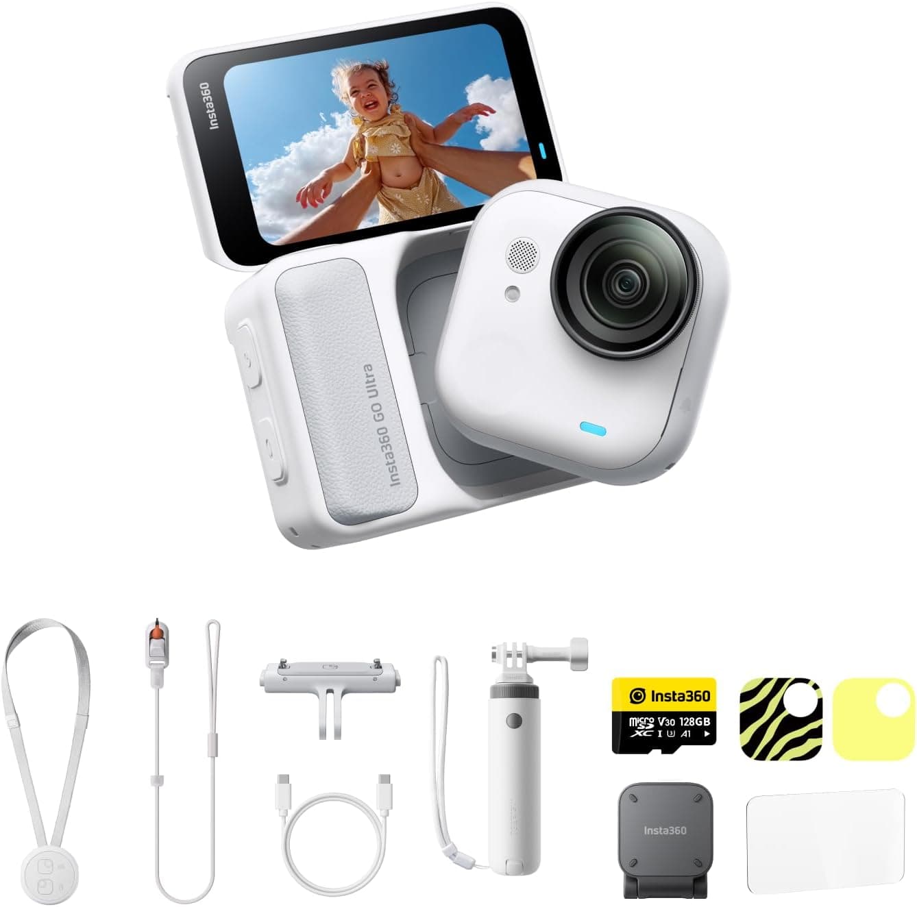 Insta360 GO Ultra Paquete Estilo de Vida Blanco - Pequeña cámara vlog 4K, Manos Libres, cámara POV, Sensor de 1/1,28", Peso de 53g, 156°FOV, batería 200min, cámara de acción portátil