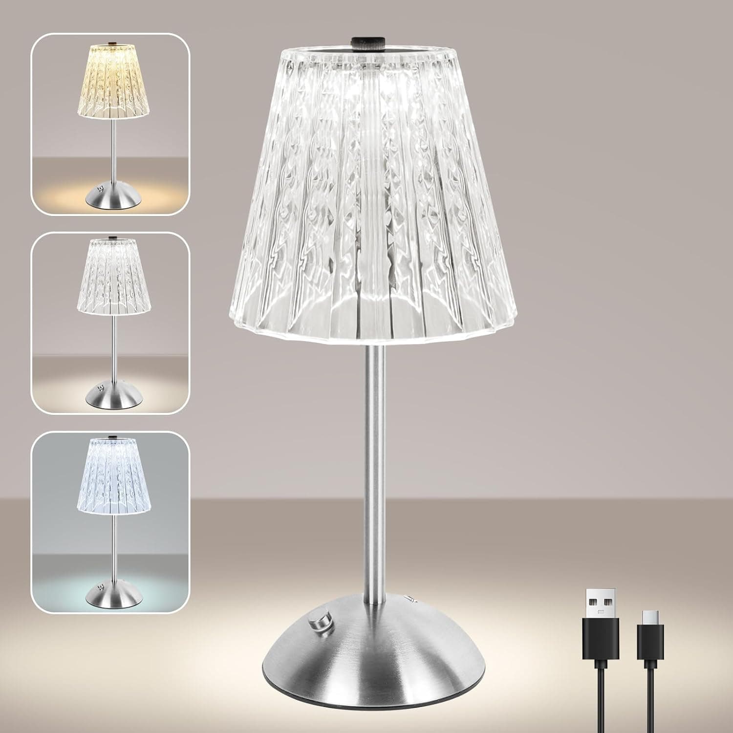 Lampara Inalambrica, 2000mAh Lampara Recargable con USB-C, 3 Temperaturas de Color Toca Cristal Lampara de Mesa, Lámpara de Mesa Inalámbrica para Dormitorio, Cafetería, Bar, Cena (Plata)