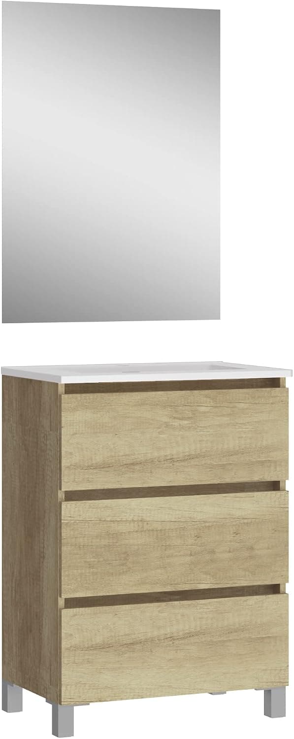 Baikal, Conjunto de baño Natura. Mueble de Baño de Fondo Reducido, con Lavabo cerámico. Distribución Tres Cajones. Mueble MONTADO. Tres Cajones con Espejo. Fondo 39cm 50 cm Nature