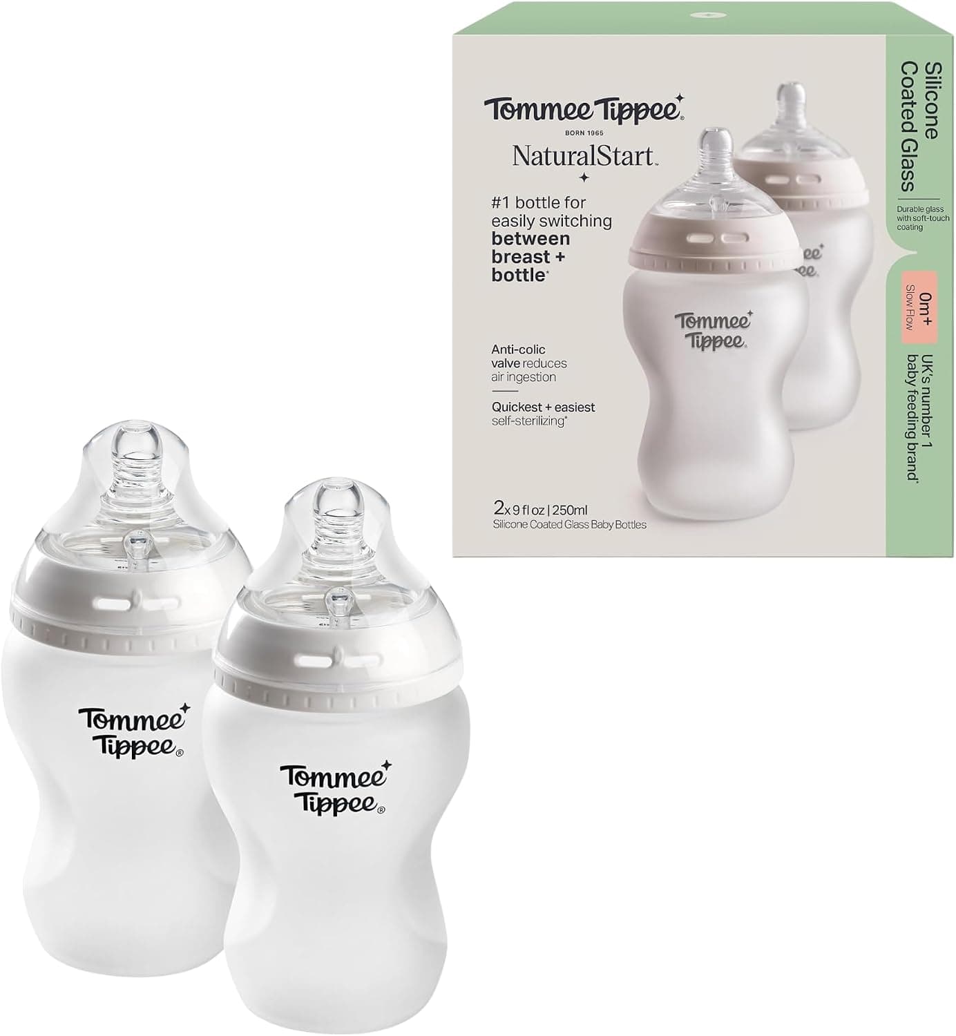 Tommee Tippee Biberones Natural Start de vidrio con revestimiento de silicona aptos para bebés desde 0 meses, 250 ml, Pack de 2