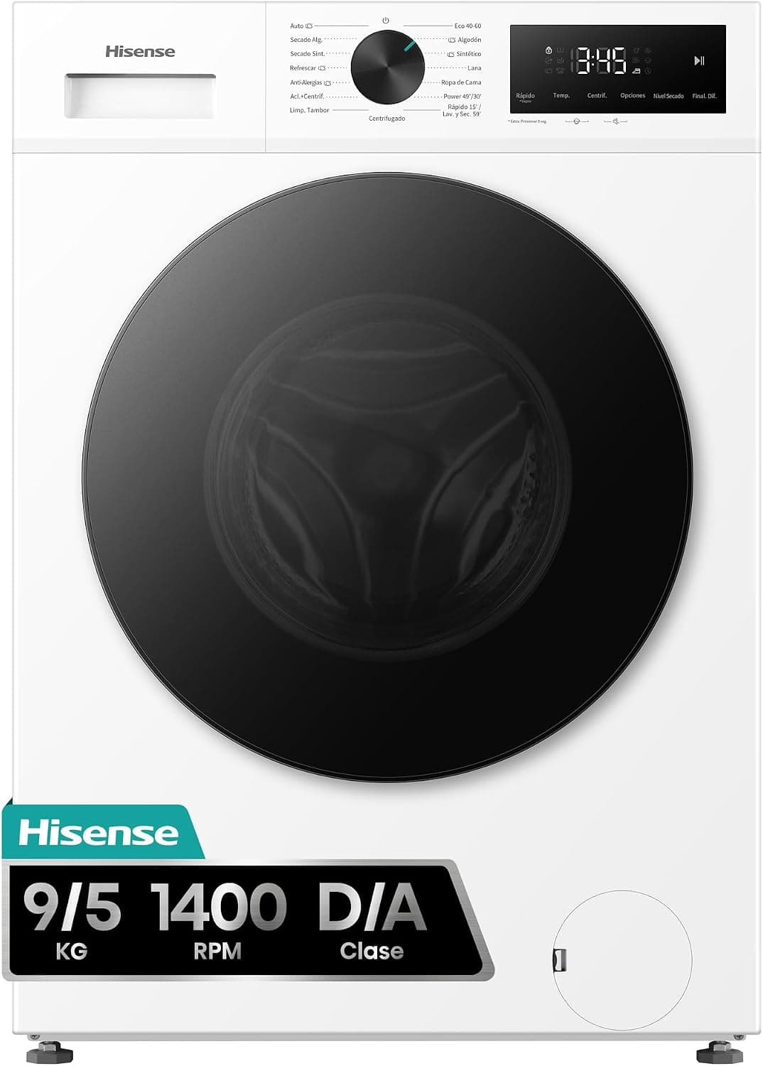 Hisense WD1I9042BWF2 - Lavasecadora 9 kg/5 kg, Fondo 47cm, 1400 rpm, Lavado y Secado 59', Dispensador Automix, Programa Lavado Auto, Función Antiarrugas, Lavado Pure Jet, Función Vapor 99,9%, Blanco