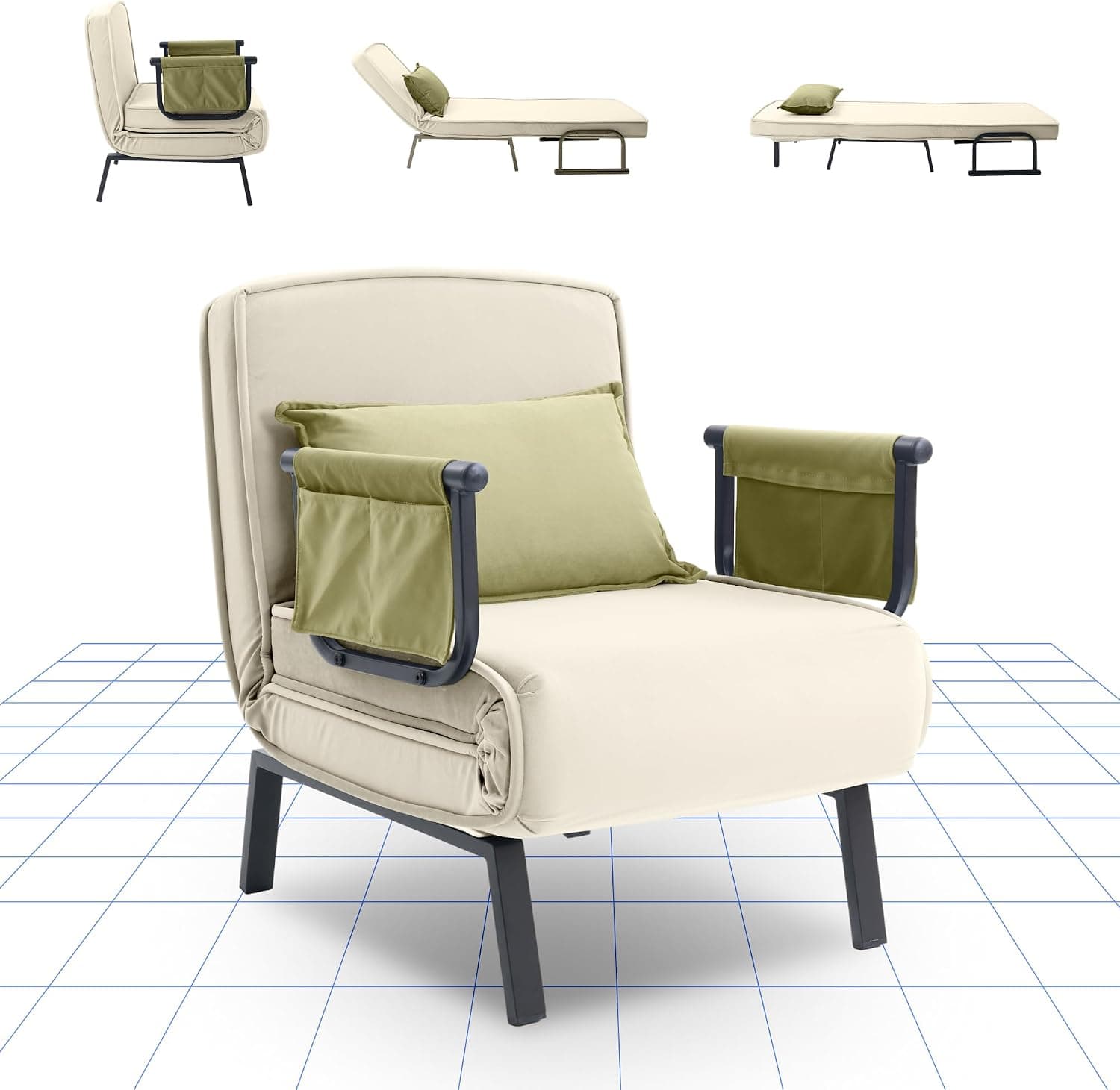 FLEXISPOT Sillón Cama 3 en 1 con función de Cama, Respaldo Ajustable, sofá Cama de Lino con Bolsillo Lateral, Patas Plegables, Ahorra Espacio para salón, Dormitorio u Oficina (Blanco)
