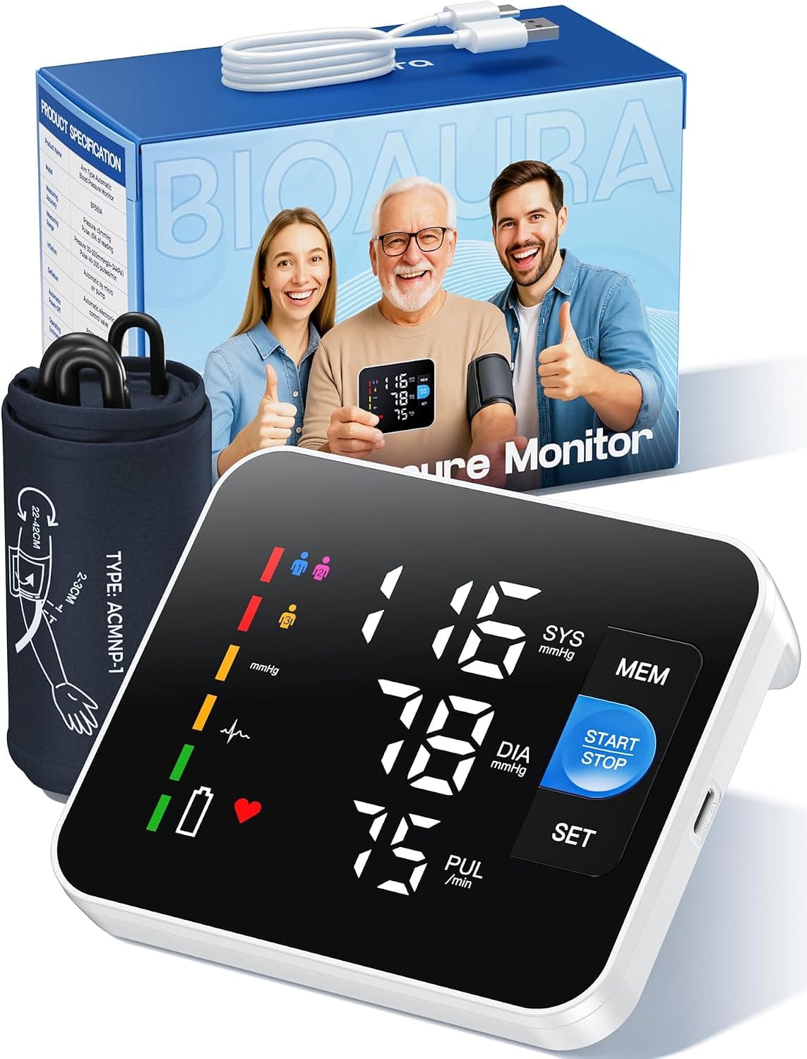 Tensiómetro de Brazo Digital, Pantalla Digital LED Medidor Tension Arterial, Blood PresSure Monitor, Se Pueden Registrar 3 x 199 Datos de Usuario, Con Brazalete 22-42cm, Cable de Carga de Tipo-C