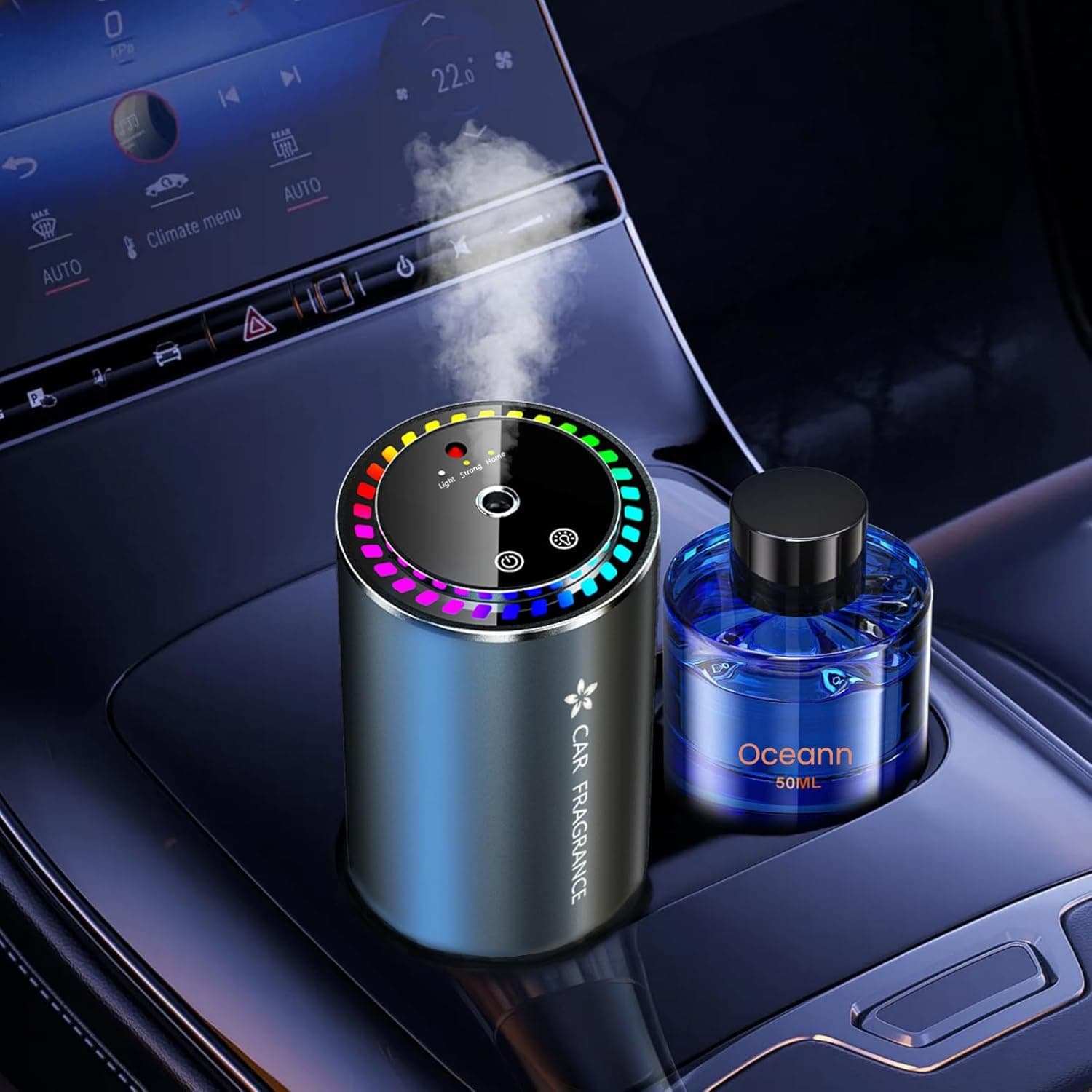 Ambientador Coche con 50ml oler Difusor de Fragancias Eléctrico para Automóvil, On/Off Automático, Sensor Musical, Atomizador Ultrasónico, 3 Modos, Recargable, Duración 5 Meses BJ-579 (Brisa Marina)