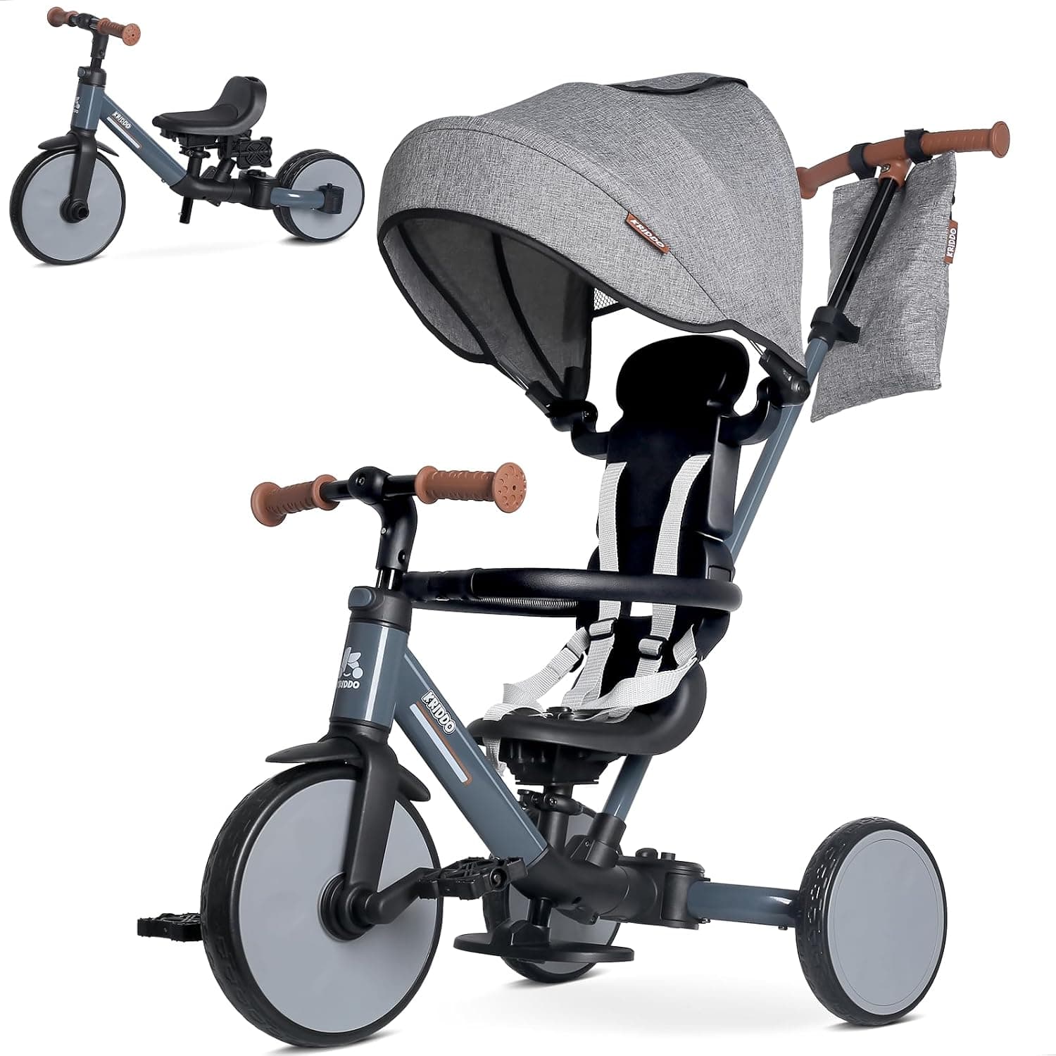 KRIDDO Triciclo Evolutivo 8 en 1 para Niños de 18 Meses a 5 Años, con Barra de Empuje, Triciclo y Bicicleta con o sin Pedales, Arnés de 5 Puntos Mejorado, Capota Plegable y Bolsa, Gris