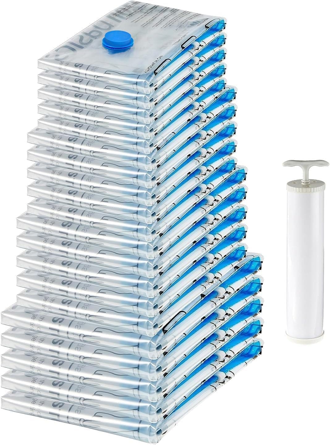 Amazon Basics Bolsas de almacenamiento comprimibles mediante vacío, incluye bomba de vacío manual, Cremallera, Múltiple, 20 Unidad (5 pequeñas, 5 medianas, 5 grandes y 5 Jumbo), Transparente