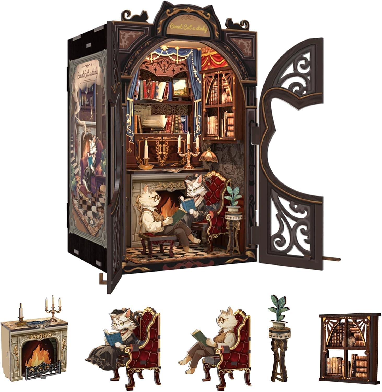Fsolis Book Nook Kit, Case Delle bambole con Luce LED, Libro Nook libreria scaffale Insert Kit, Kit di modellazione per adulti, Regali creativi(Count Cat'S Study)
