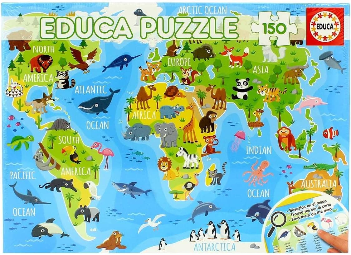 Educa - Mapamundi Animales Puzzle con 150 Piezas compuestos por Grandes Piezas Perfectamente acabadas para Que Sea Sencilla y Segura su manipulación Recomendado a Partir de 6 años (18115)