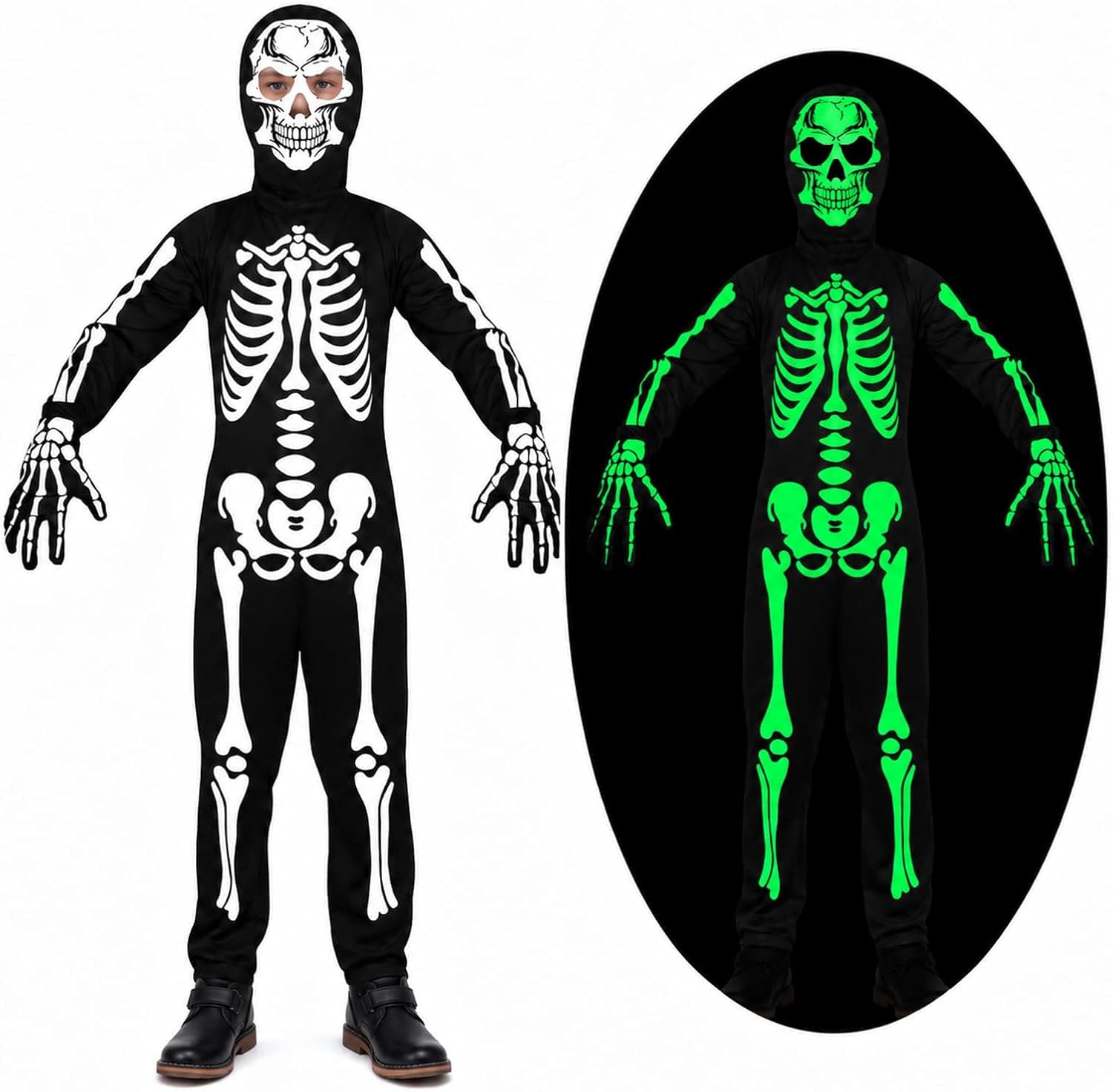 HaoVrisn Disfraz Esqueleto Niño Halloween Niños, Disfraz Niño Halloween de Esqueleto Niños Que Brillan en la Oscuridad