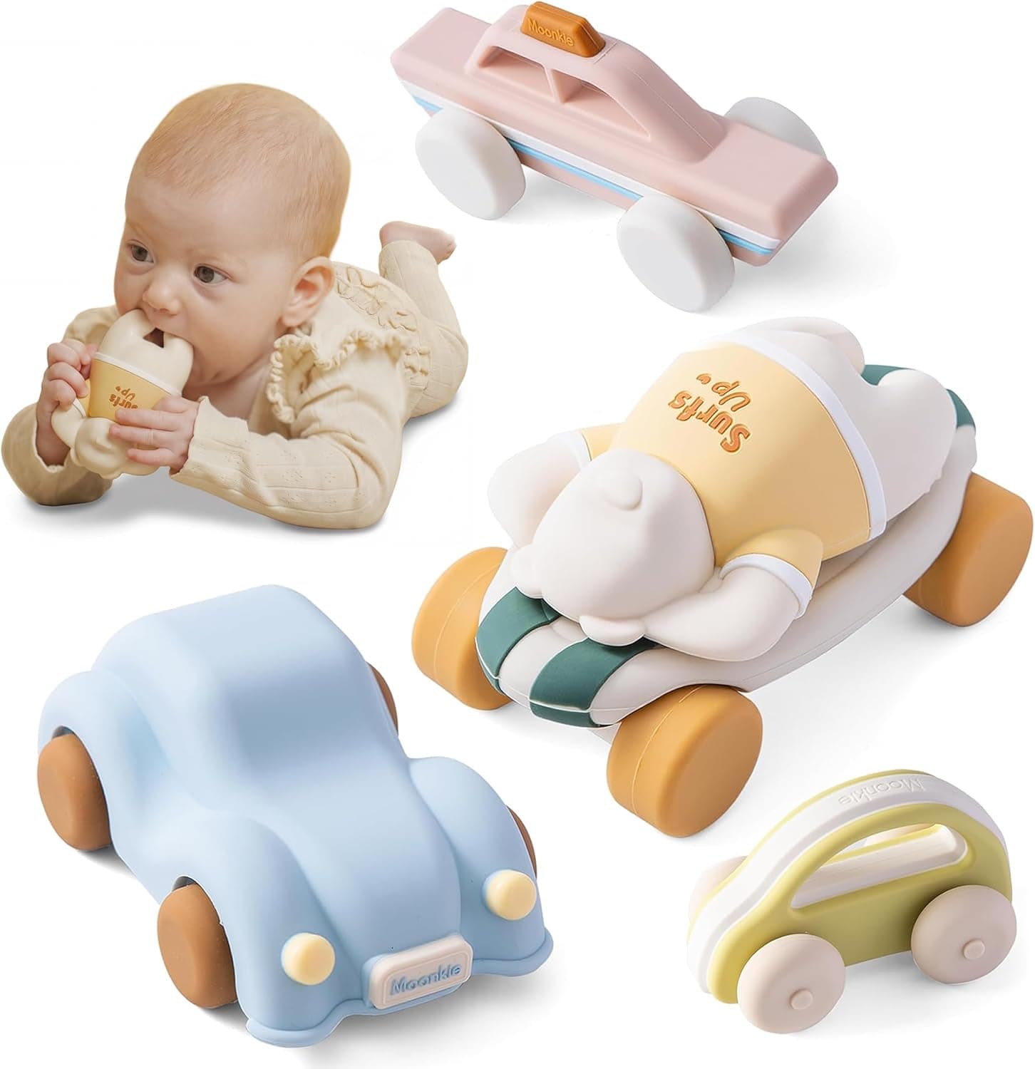 Moonkie Surf & Go Coches para Niños, Paquete de 5, Coches Juguete Silicona Blanda, Regalo Niño 6 Meses+ 1 2 3 Años, Mordedor Bebe, Juguetes Montessori, Coches para Bebes sin BPA, para Casa y Viaje