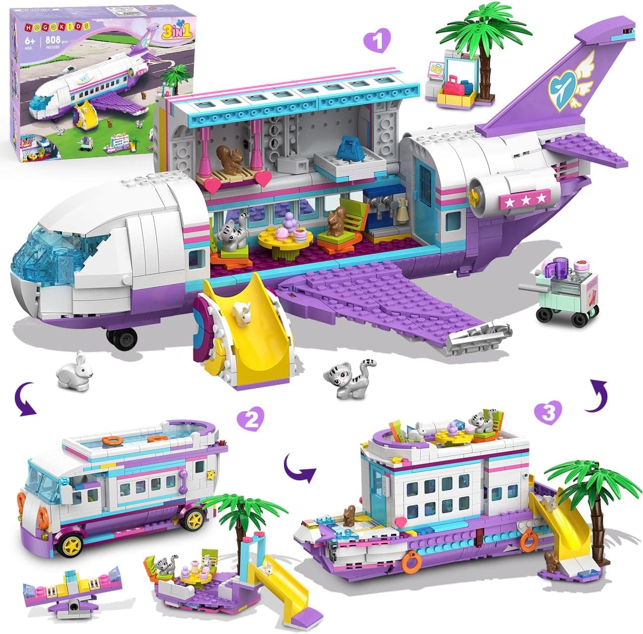 HOGOKIDS - 3 en 1 Friends Juego de construcción de Aviones - 808 Piezas de Bloques de Construcción de avión/Barco/Caravana con 6 minianimales, Tobogán y Pegatinas, Regalos para para niños y niñas