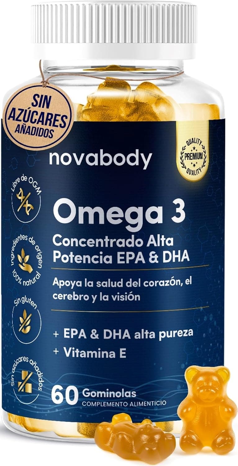 Omega 3 Gominolas Sin Azúcar, 100% Natural – Alta Potencia EPA y DHA (840 mg/día) con Vitamina E – Aceite de Pescado Concentrado, Sin Gluten, Sin OGM | 60 Gummies Novabody