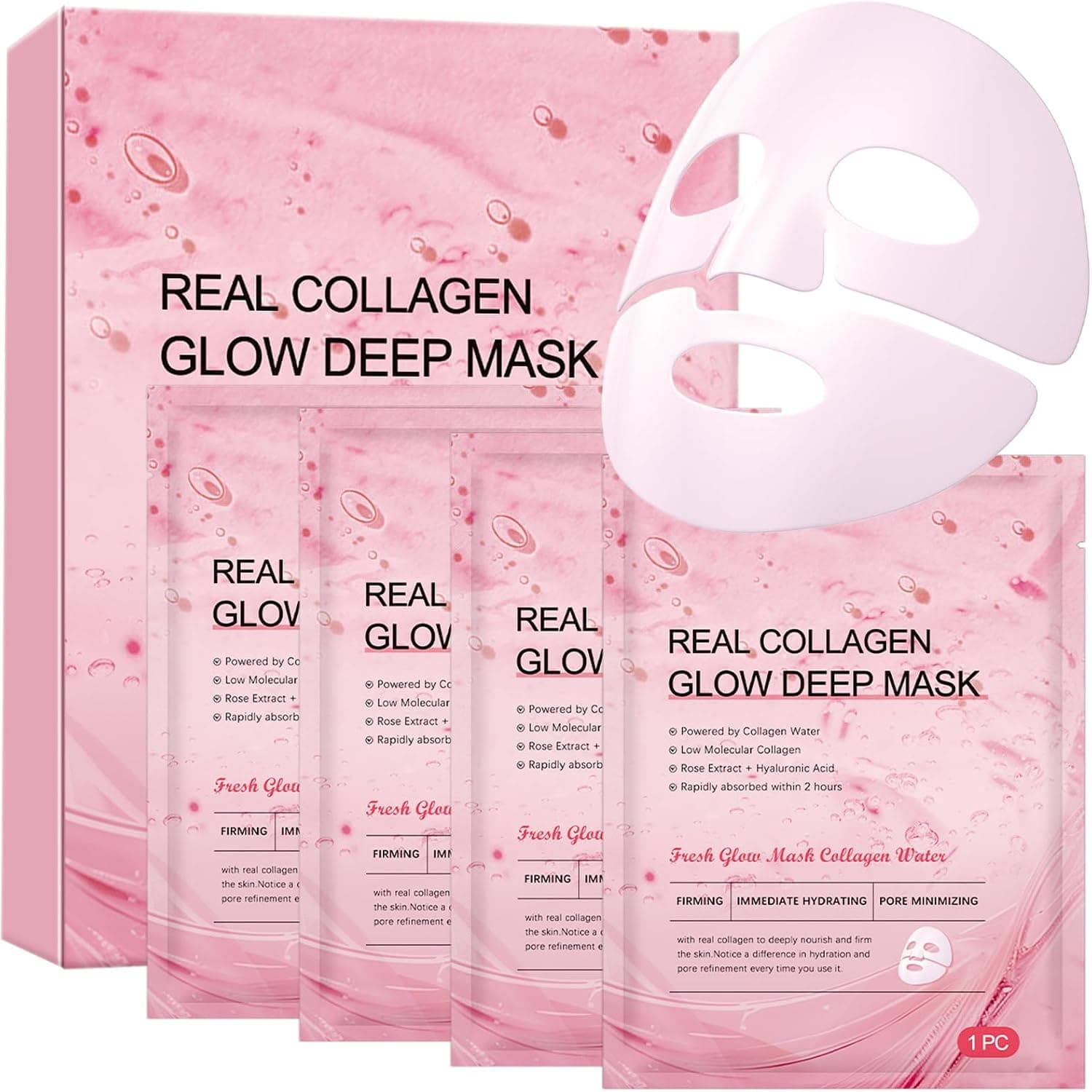 4 Piezas Mascarilla de Colageno - Cosmetica Coreana Facial Mascarillas Colageno Faciales Coreanas, Collagen Face Mask, Reduce los Poros, Hidrata Profundamente y Revitaliza la Piel