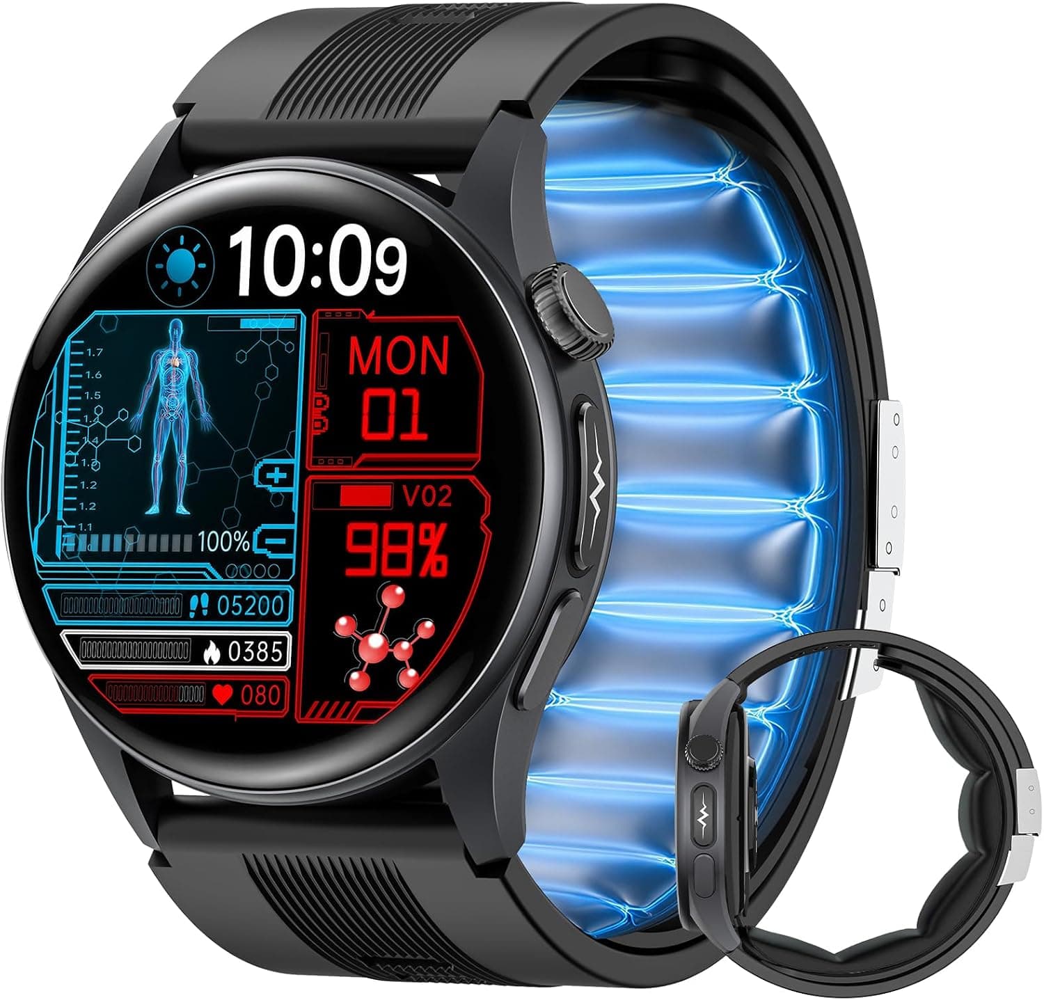 Reloj Inteligente Hombre Presión Arterial con Bomba de Aire, ECG HRV, Negro
