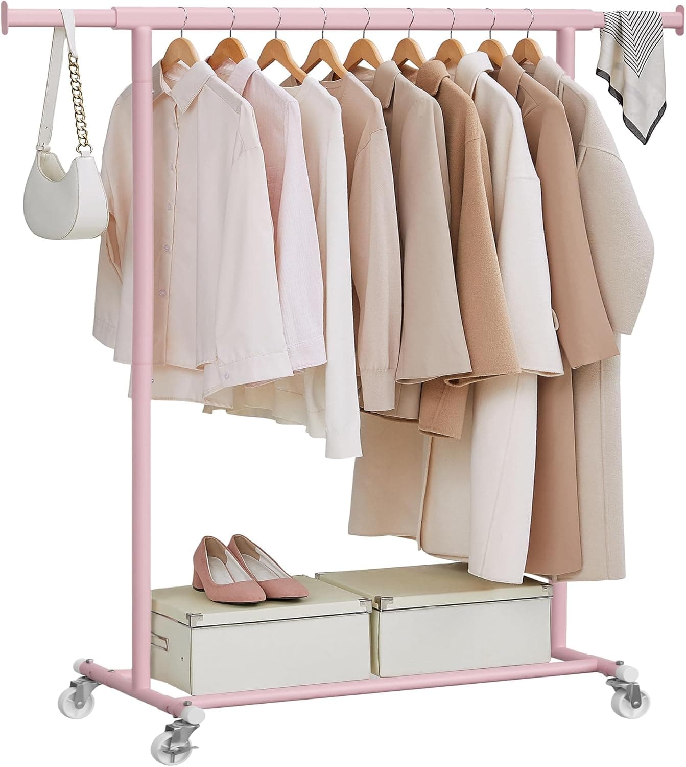 SONGMICS Burro Ropa con Ruedas, Perchero Burro Extensible con Carga Pesada, Capacidad de Carga Máx. de 100 kg, Fácil de Montar, Portátil, Rosa Jalea HSR013R01