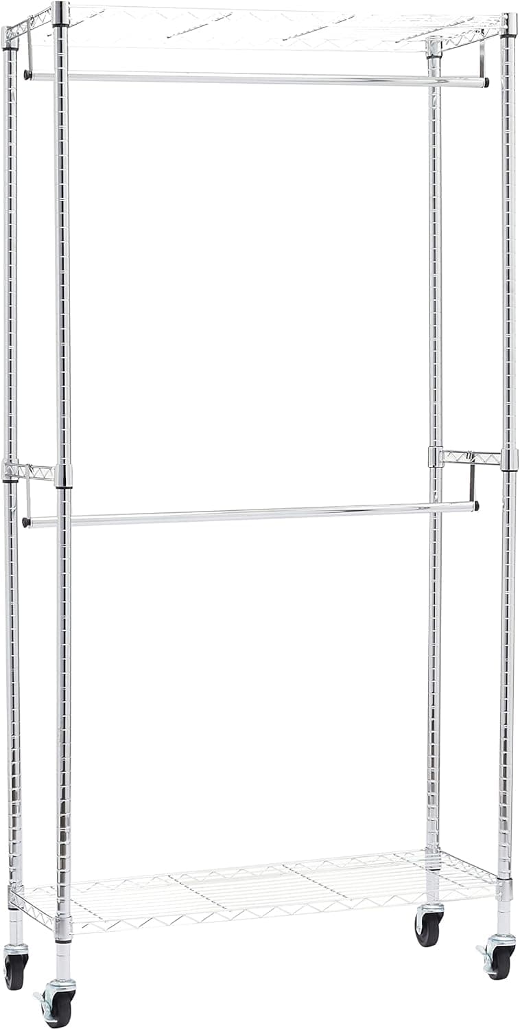 Amazon Basics Perchero de ropa de doble barra con ruedas, 91 x 35,5 x 183 cm (largo x ancho x alto), Cromo