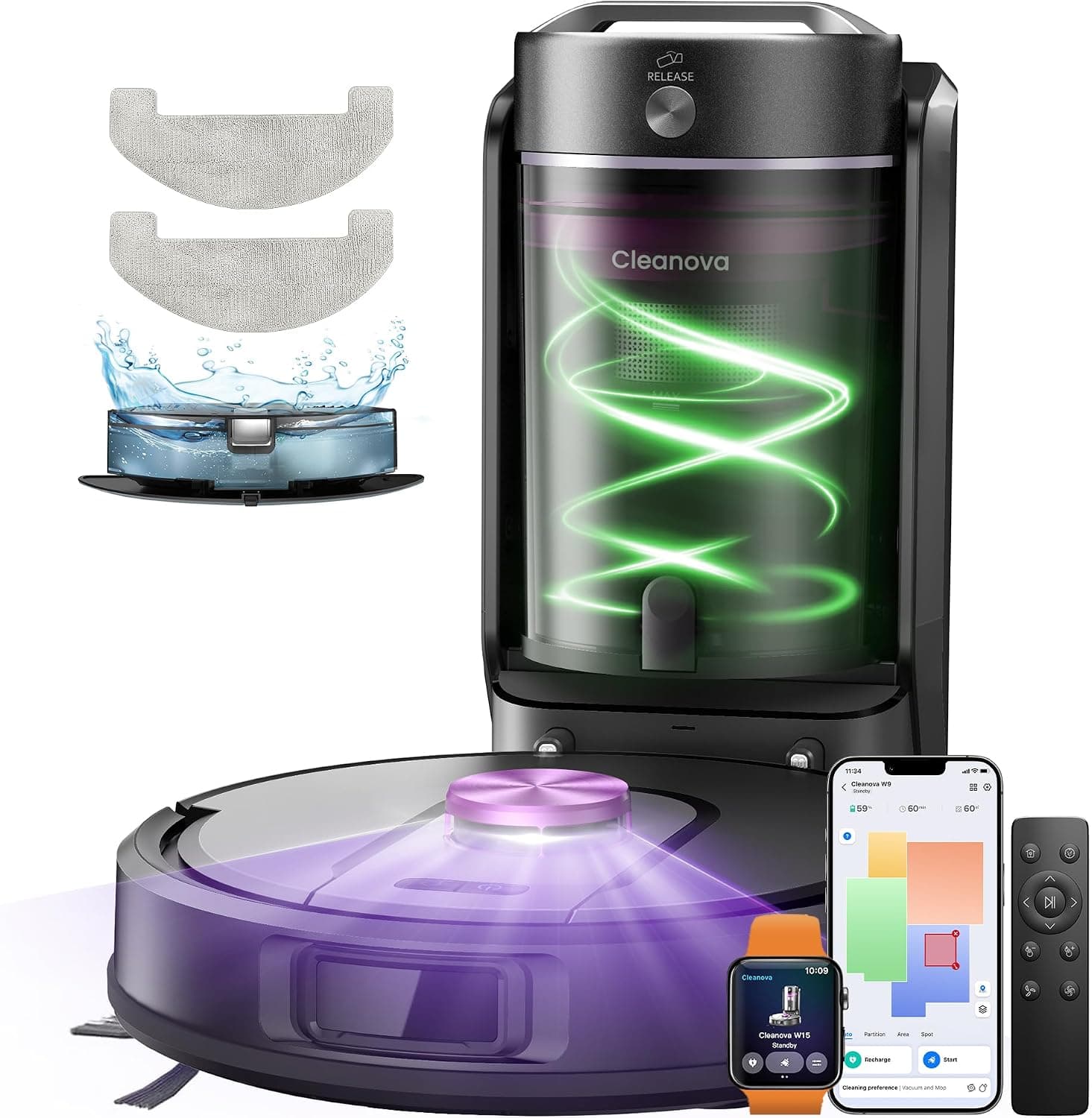 Vexilar W15 Robot Aspirador y Fregasuelos 10000Pa, Aspirador Fregadora Potente con 5 Mapa Inteligente,Autonomía 180Min, Fácil Programa, 4L Base Autovaciado sin Bolsa, para Suelos/Alfombras/Partícula