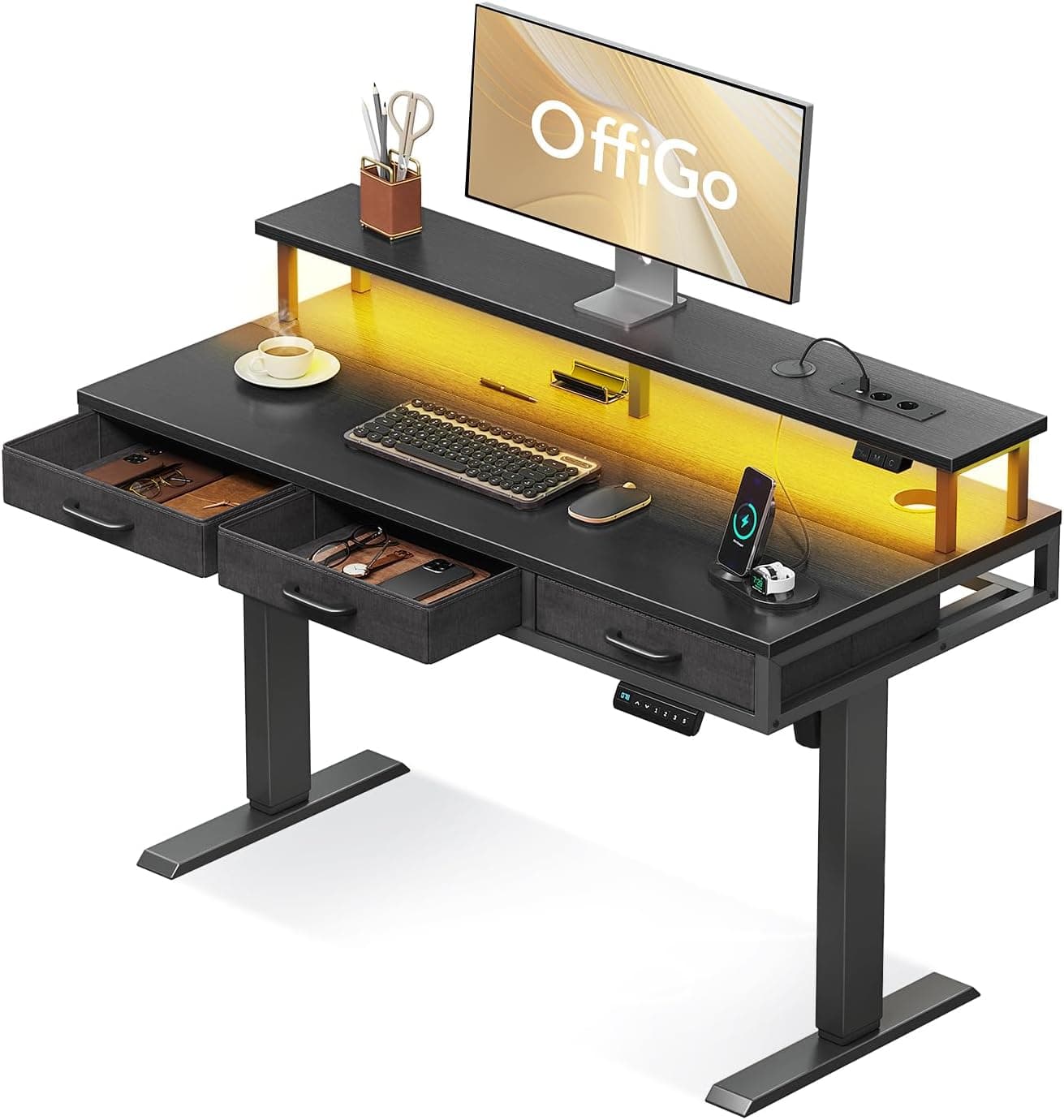 OffiGo Mesa Elevable Escritorio con 3 Cajones, 120cm Mesa Gaming, Negro