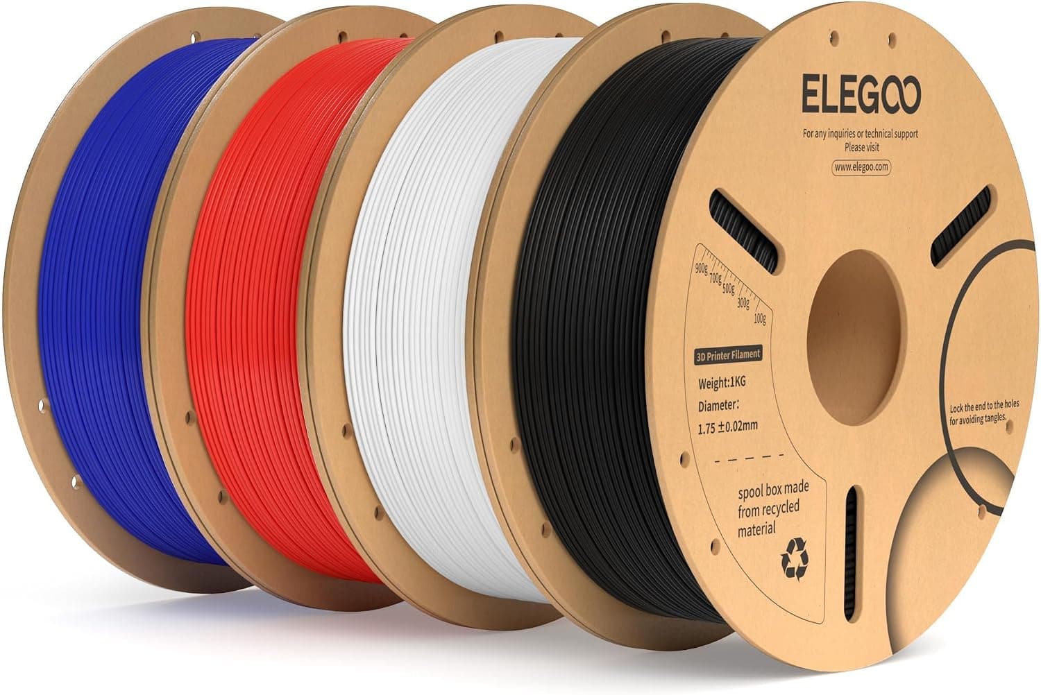 ELEGOO Filamento PLA+ 1.75 4KG Negro, Blanco, Rojo, Azul Oscuro