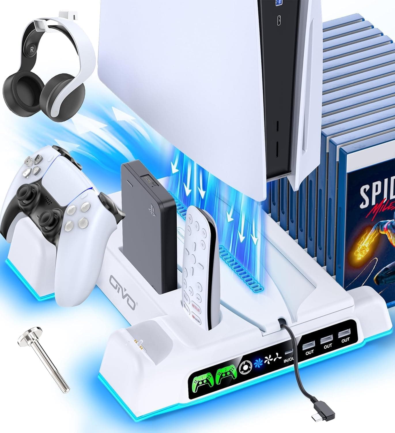 OIVO Soporte para PS5/PS5 Slim/PS5 Pro con Ventilador de 3 Velocidades, Cargador para Mando PS5, Soporte PS5 Vertical con 3 Puertos USB y Ranuras de 14 Juegos, Almacenamiento para PS5