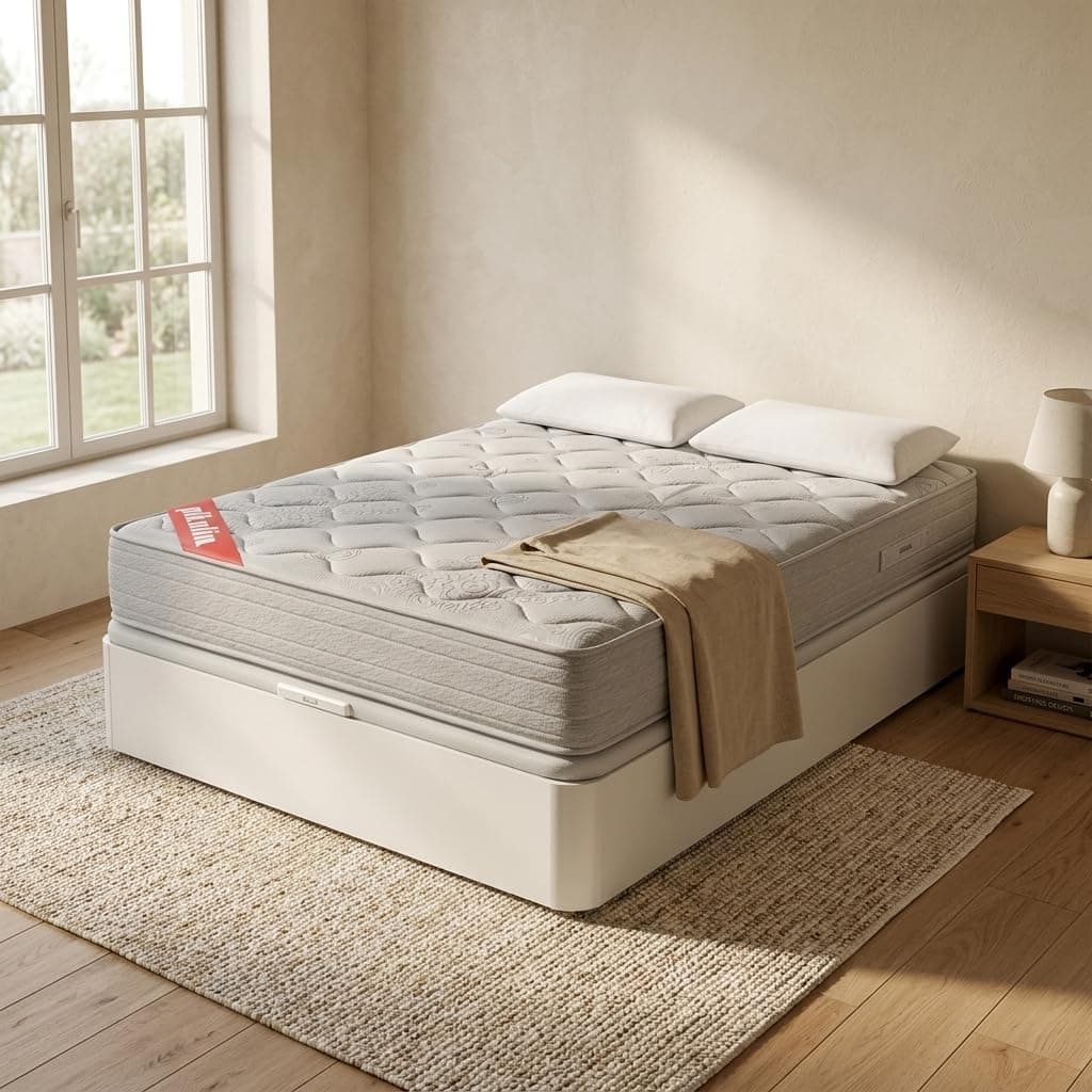 PIKOLIN Pack Colchón Viscoelástico de Muelles 150x190 + Canapé Base Abatible Blanco y Dos Almohadas de Fibra | Incluye Subida a Domicilio, Montaje y Retirada de Usado