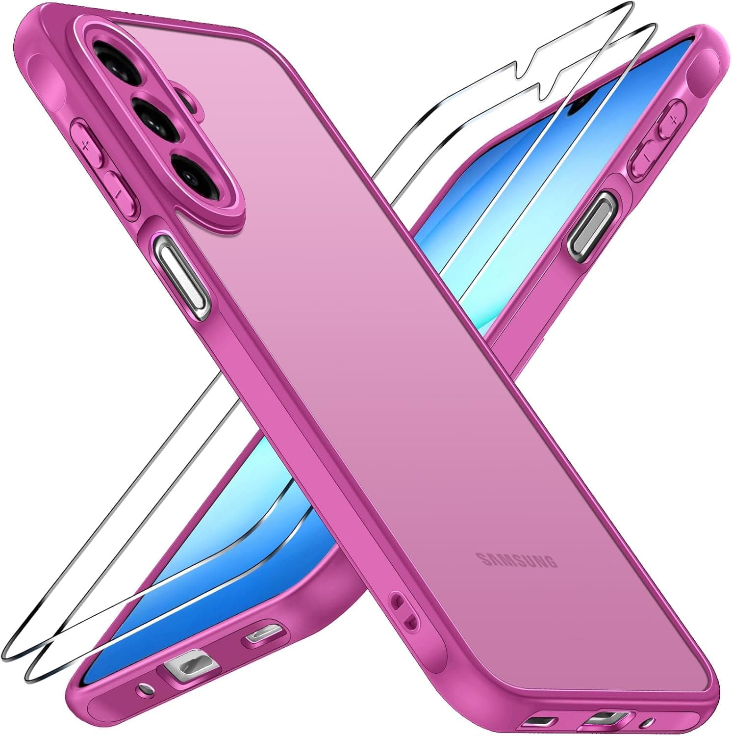 ivoler Funda Mate Fucsia para Samsung Galaxy A18 / A17 4G / 5G con 2 Piezas Cristal Templado, Protección Militar Carcasa Protectora Antigolpes Trasera Translúcida Antihuellas Antiarañazos Bumper Case