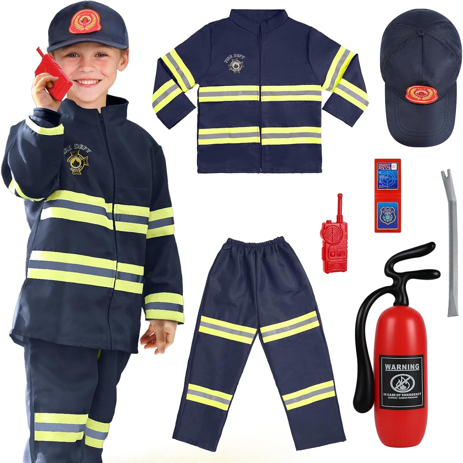 Disfraz de Bombero para Niños, 8 pcs Traje de Bombero Infantil con Accesorios, Juego de rol de Bombero para Disfraces, Educación sobre Simulacros de Incendio, Navidad, para Niños de 3 a 9 Años