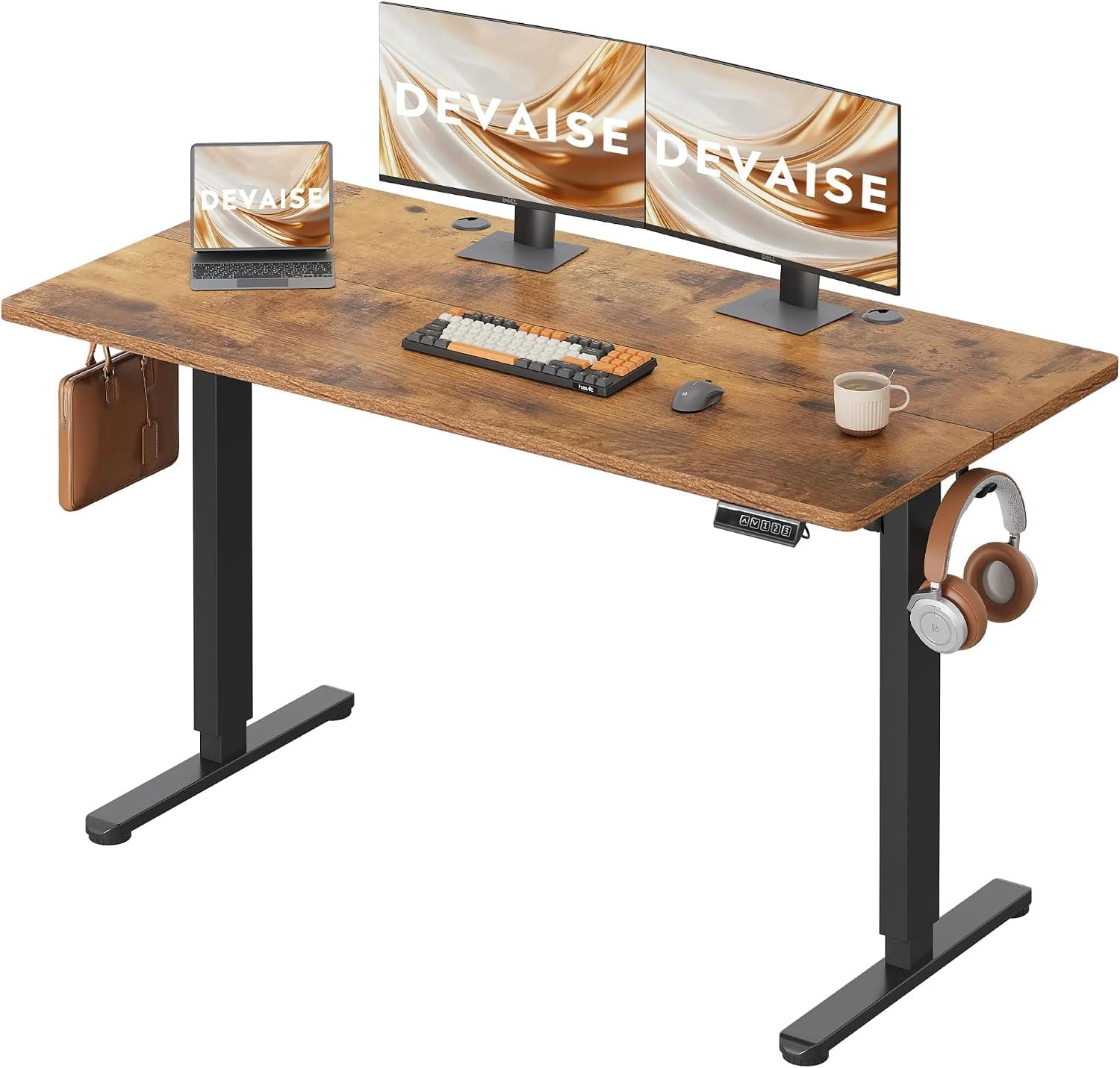 DEVAISE Escritorio Elevable Eléctrico,Mesa Regulable Rltura 140 x 70cm con 3 Memorias,Mesa de Oficina con Panel Inteligente en Casa con Tablero Ensamblado, Marrón Rústico