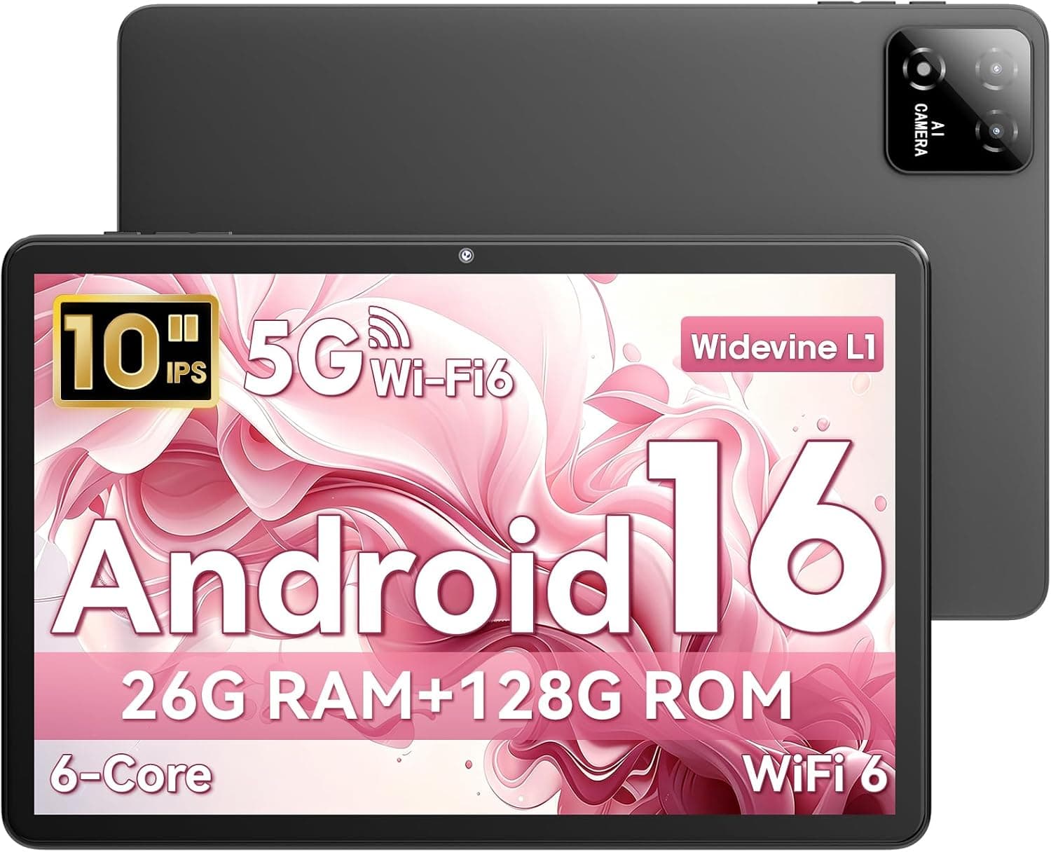 Tablet 10 Pulgadas, Tableta Android 16, Unisoc T606 CPU, 26 GB RAM + 128 GB ROM + 1 TB TF, Pantalla HD IPS 1280x800, Batería 7000 mAh, Cámara Dual, WiFi 2,4G + 5G, BT 5.0, Widevine L1, GPS (Gris)