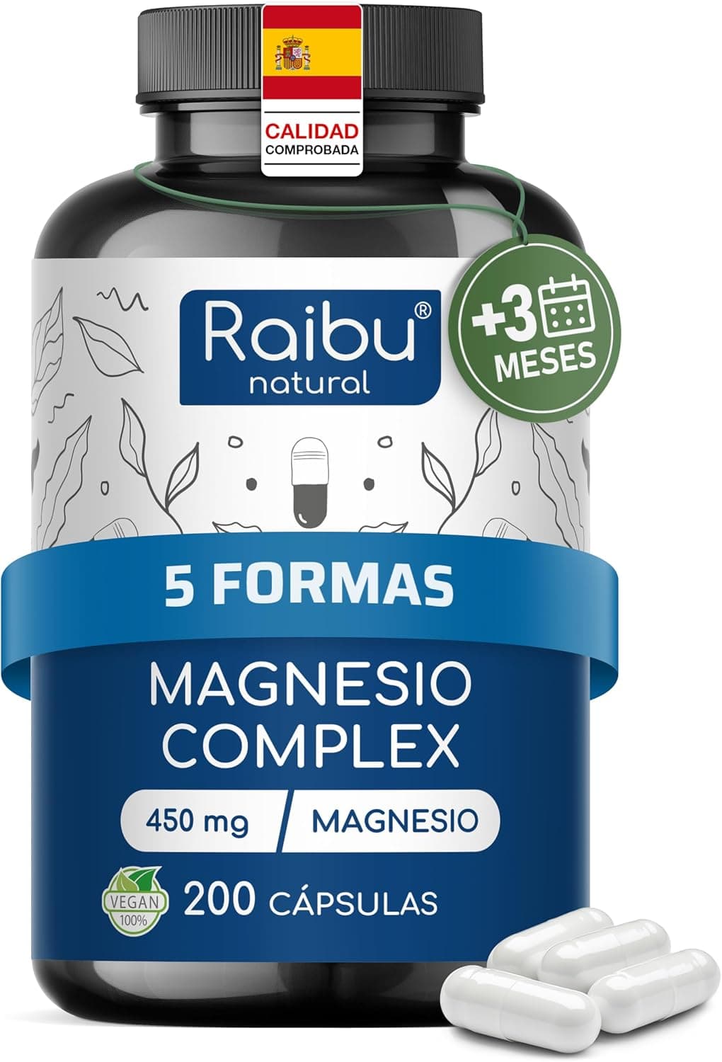 Magnesio Complex 450 mg - 5 en 1: Bisglicinato, Citrato, Carbonato, Óxido, Malato de Magnesio - 200 Capsulas, Más de 3 Meses de Suministro - Mejora tu Energía, Rendimiento y Descanso - Vegano
