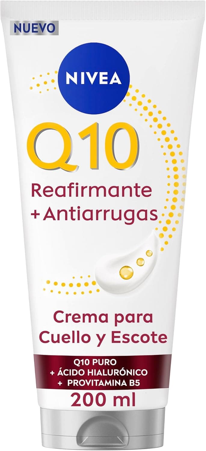 NIVEA Q10 Crema Reafirmante Antiarrugas para Cuello y Escote (200 ml), crema hidratante corporal 72h con Creatina y Provitamina B5, para una piel más firme y arrugas reducidas en 14 días