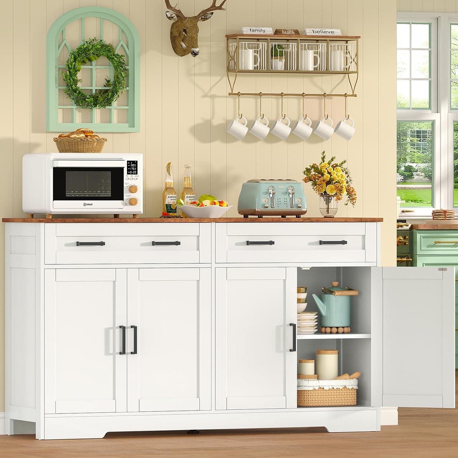TEENFON 140 cm Aparadores para Salon con 2 Cajones, Aparador Cocina con Estantes Ajustables, Armario Cocina con Encimera para Pasillo Comedor- 140 x 36.8 x 80 cm - Blanco