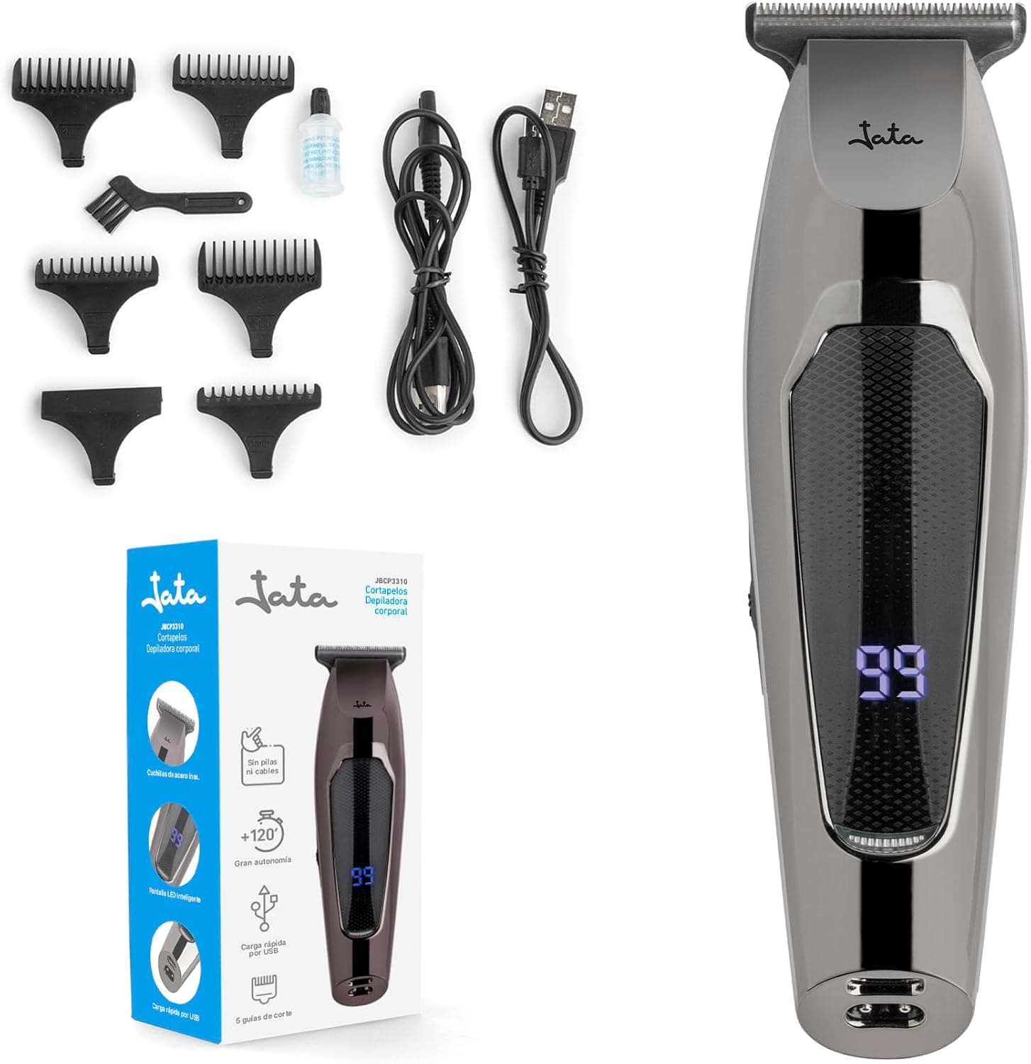 JATA JBCP3310 - Cortapelos y Depiladora Corporal Recargable, Body Groomer Hombre, Cuchillas de Acero Inoxidable, 5 Peines 0-5 mm, 2 Velocidades, Pantalla LED, USB, Uso con y sin Cable