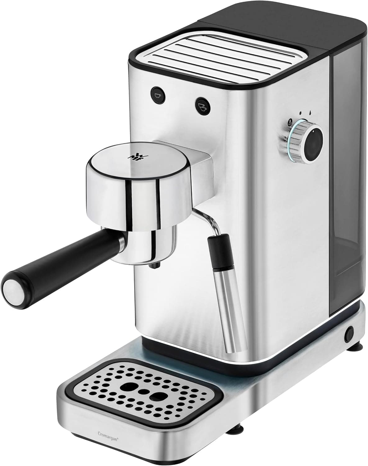 WMF Lumero - Cafetera expreso con 3 portafiltro, 1400 vatios, para 1-2 tazas de expreso, 15 bares, reposavasos, espumador de leche, prensador de café, luz led, acero inoxidable mate