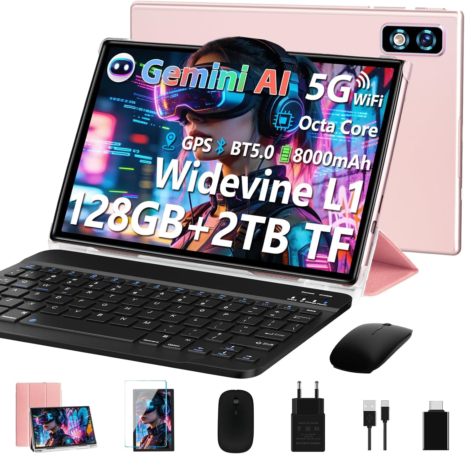 Último Tablet Gemini AI Android, Tablet 10 Pulgadas, 22GB+128GB/TF 1TB, Octa-Core 2.0GHz, 5G WiFi, Bluetooth5.0, 8000mAh Batería, 8MP+5MP, Widevine L1, GPS, Tablet con Funda, Teclado y Ratón - Dorado