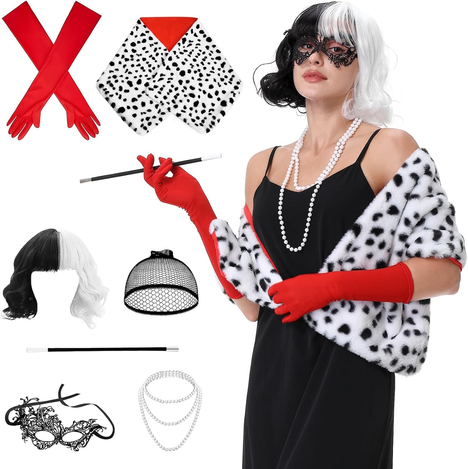 Aragallant Peluca Cruela Devil, Mujer Disfraz de Cruella Cosplay, Set de Accesorios Disfraz de Halloween con Collar de perlas, Capa, Máscara de Ojos de Encaje, Guantes Rojos, Bastón Negro