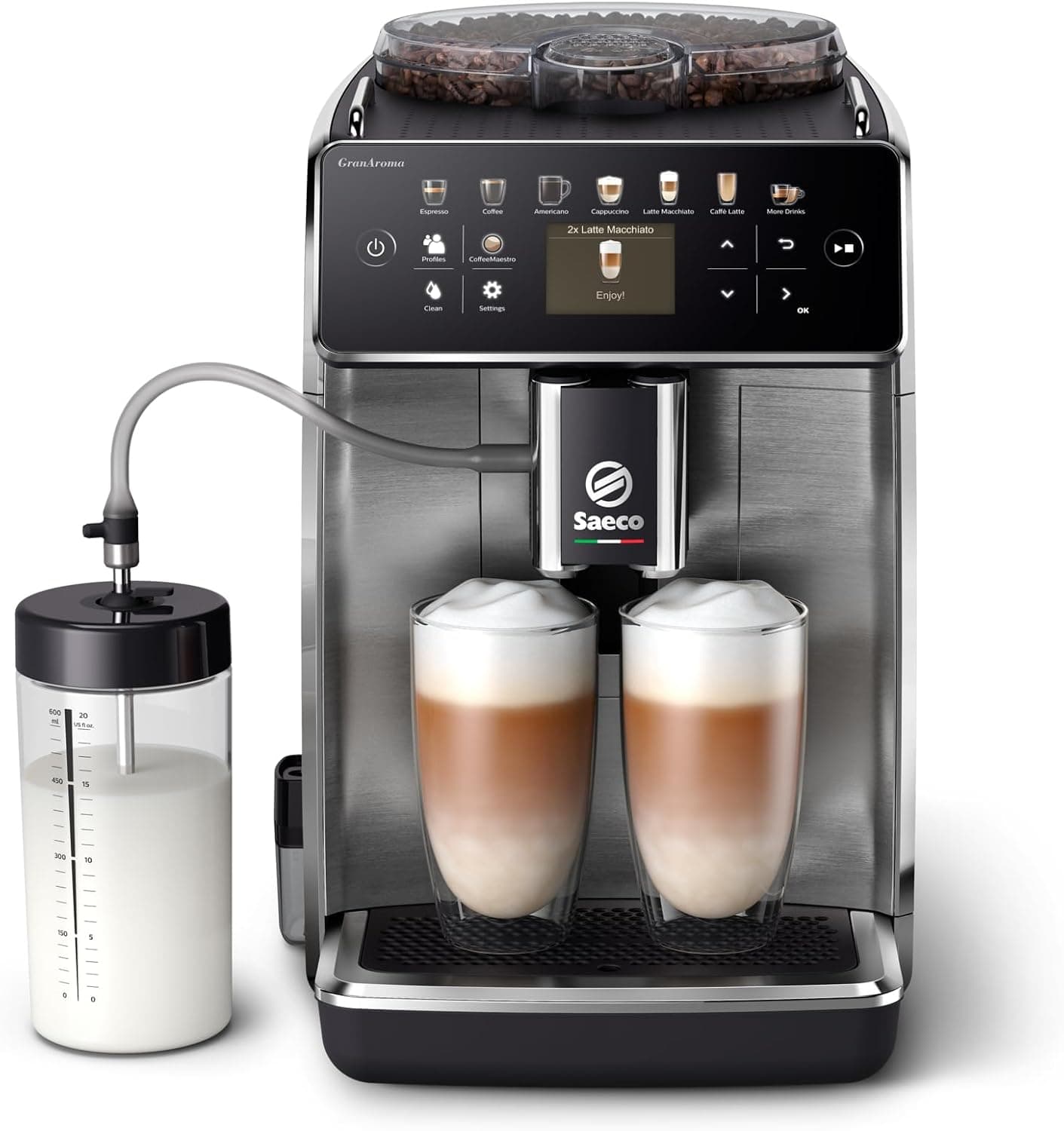 Saeco GranAroma Cafetera Superautomática - 16 Variedades de Café, Pantalla en Color Intuitiva, 6 Perfiles de Usuario, Molinillo de Cerámica (SM6585/00)