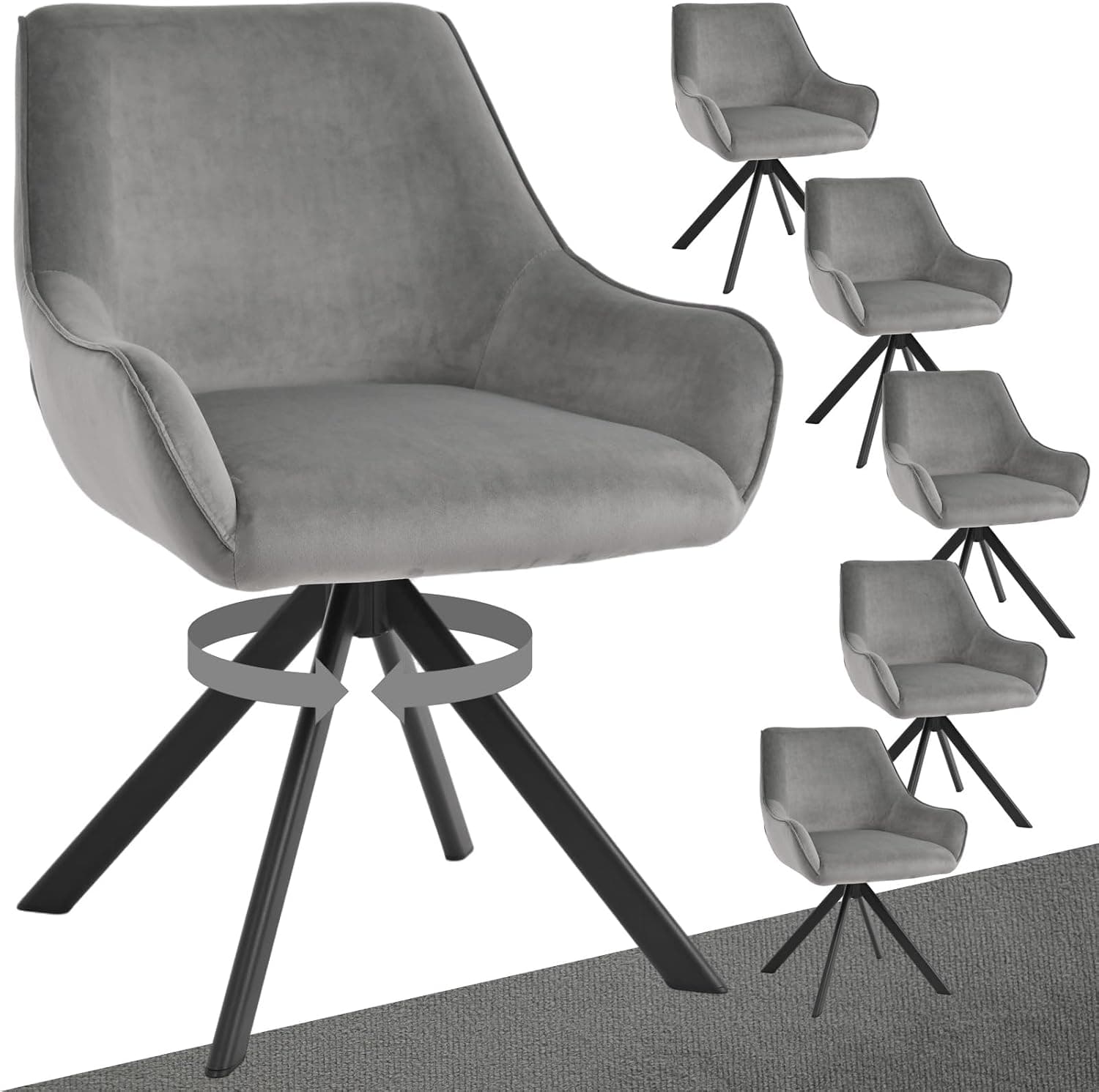 Juego de 6 Sillas Giratorias para Comedor – Sillas de Terciopelo con Respaldo y Brazos, Giratorias 360°, Patas de Metal, Respaldo Cómodo, para Salón, Oficina, Gris Claro