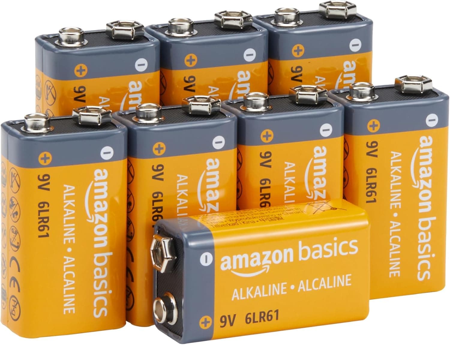 Amazon Basics - Paquete de 8 Pilas alcalinas de 9 V, 9 V/6LR61, Vida útil de 5 años, para Detector de Humo/monóxido de Carbono, electrónica y Audio