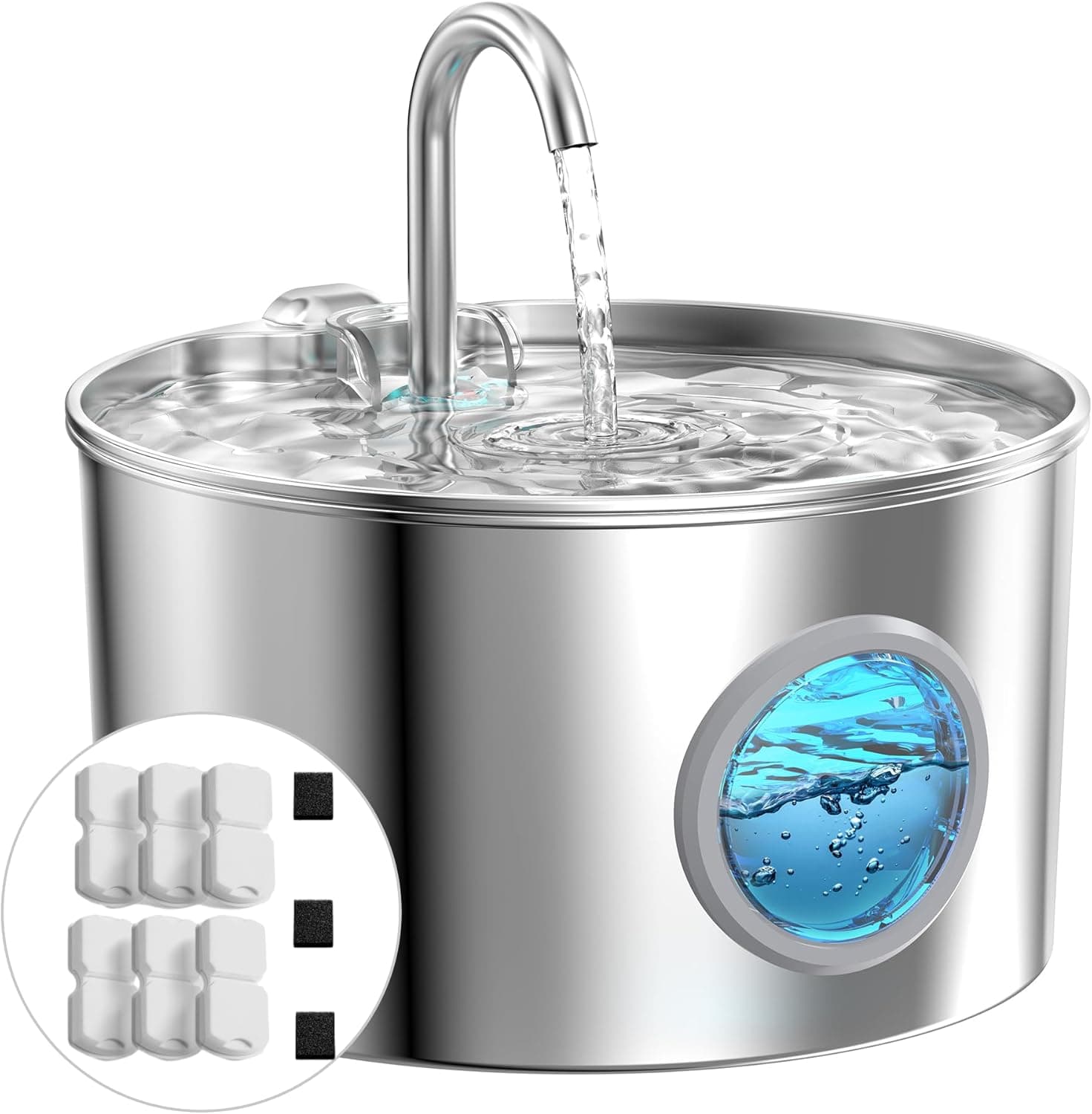 Fuente para Gatos Acero Inoxidable: Bebedero Gatos Automatico - 2.2L Fuente Gato - Fuentes de Agua para Mascota Súper Silencioso - Dispensador Agua Perros - con 6 Filtros + 3 Esponjas