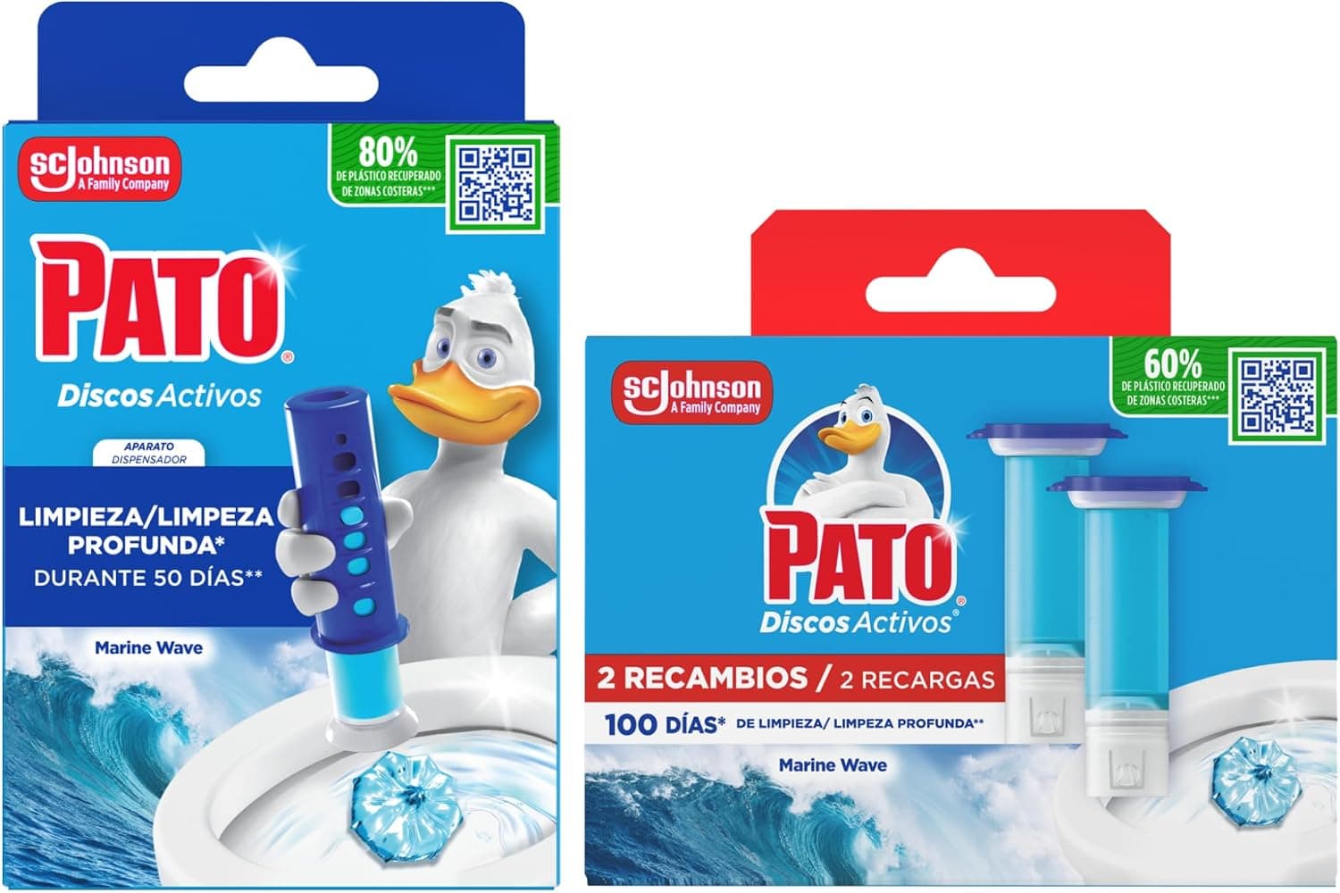 Pato discos Activos WC Marine, Limpia, Refresca y Perfuma el Inodoro, Eficacia 360°, Pack 1 Aparato + 3 Recambios = 18 discos